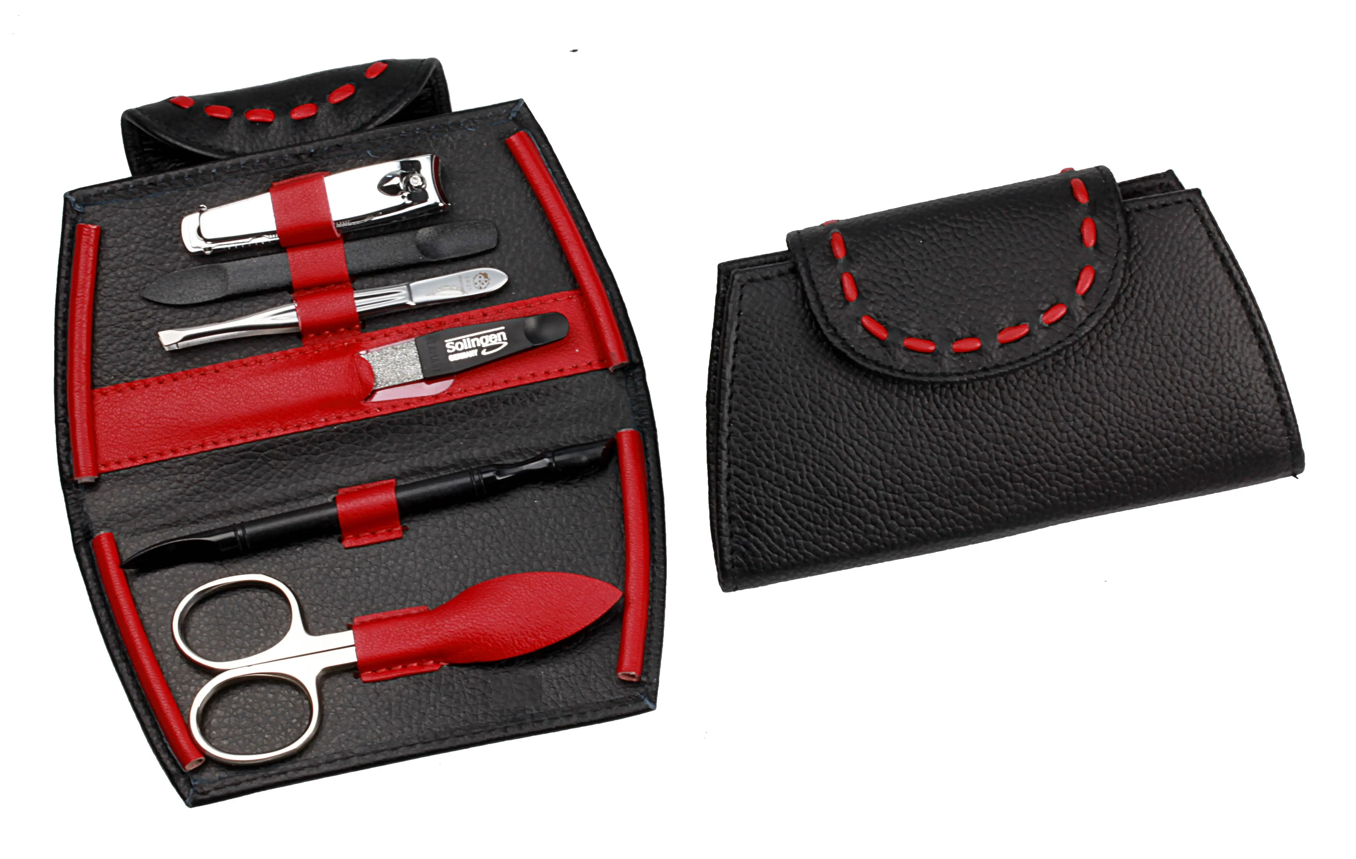 manicure set: 6 implements, stainless steel, mirror polished; genuine cowhide; black/red