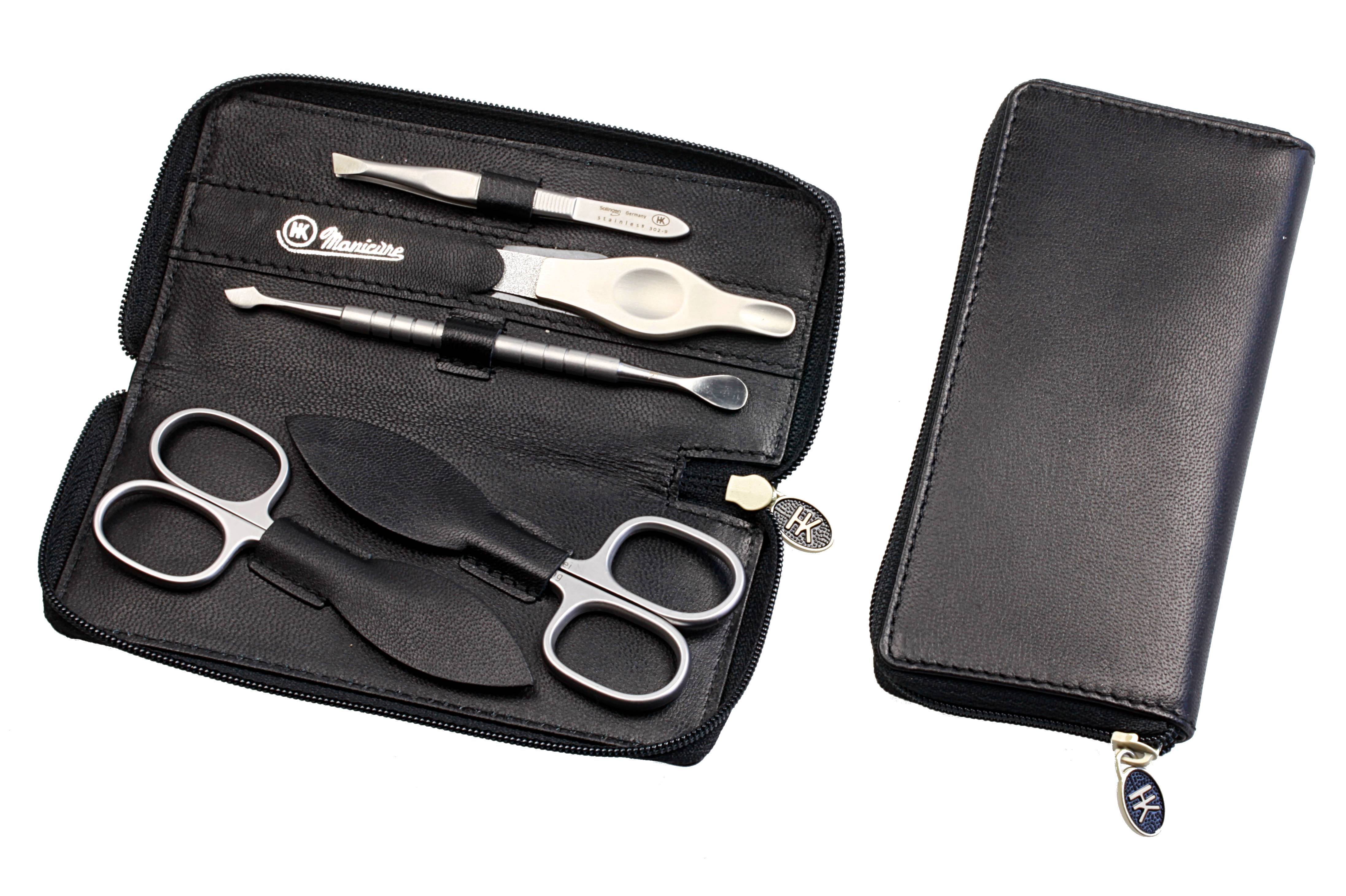 Manicure-Etui, Reißverschluss: 5-tlg. Bestückung, rostfrei-edelmattiert; Amalfi-Vollrindleder, schwarz