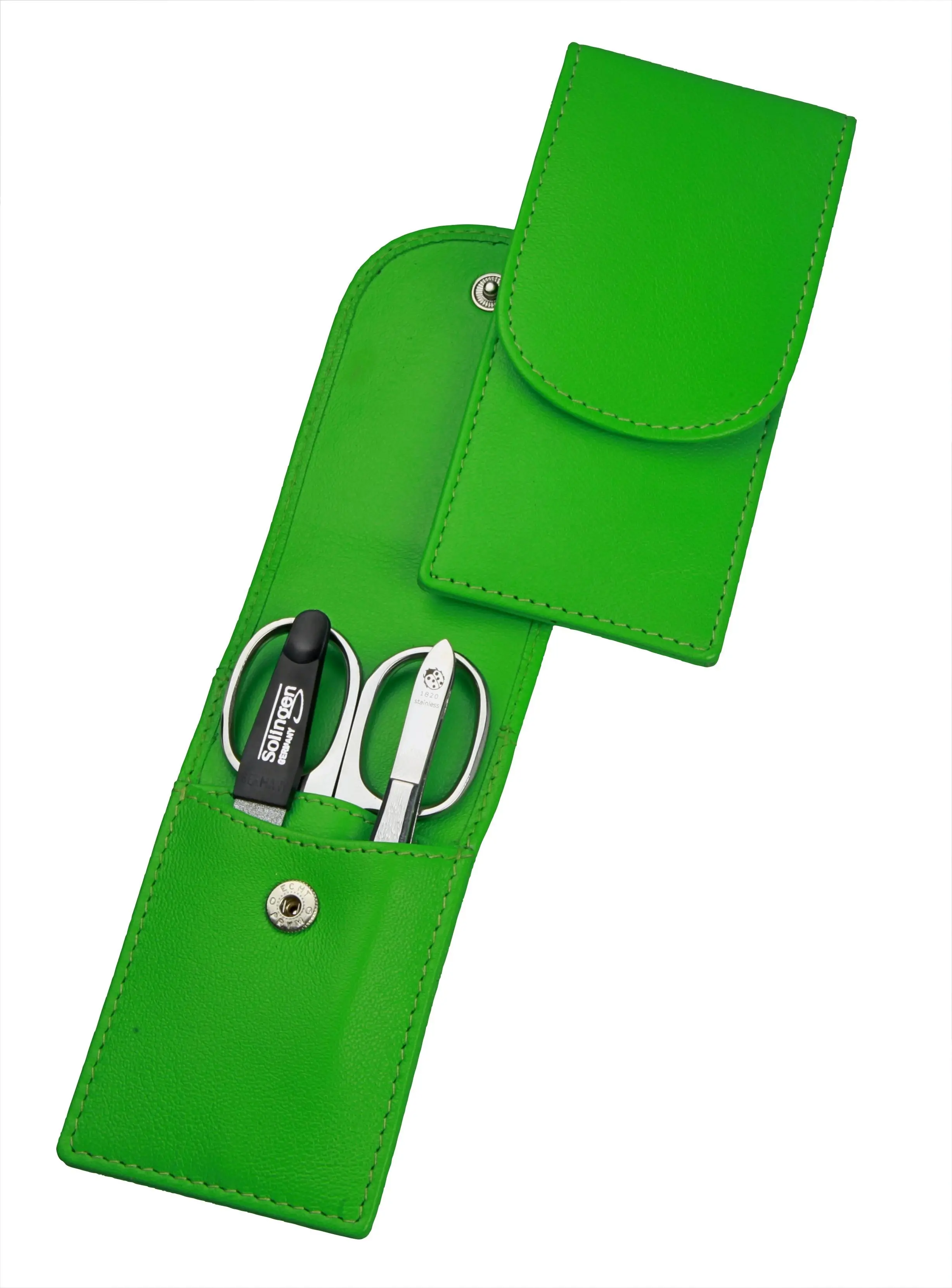 pocket sized manicure set: 3 implements, stainless steel, mirror-polished; nappa lambskin, apple green pocket sized manicure set: 3 implements, stainless steel, mirror-polished; nappa lambskin, apple green