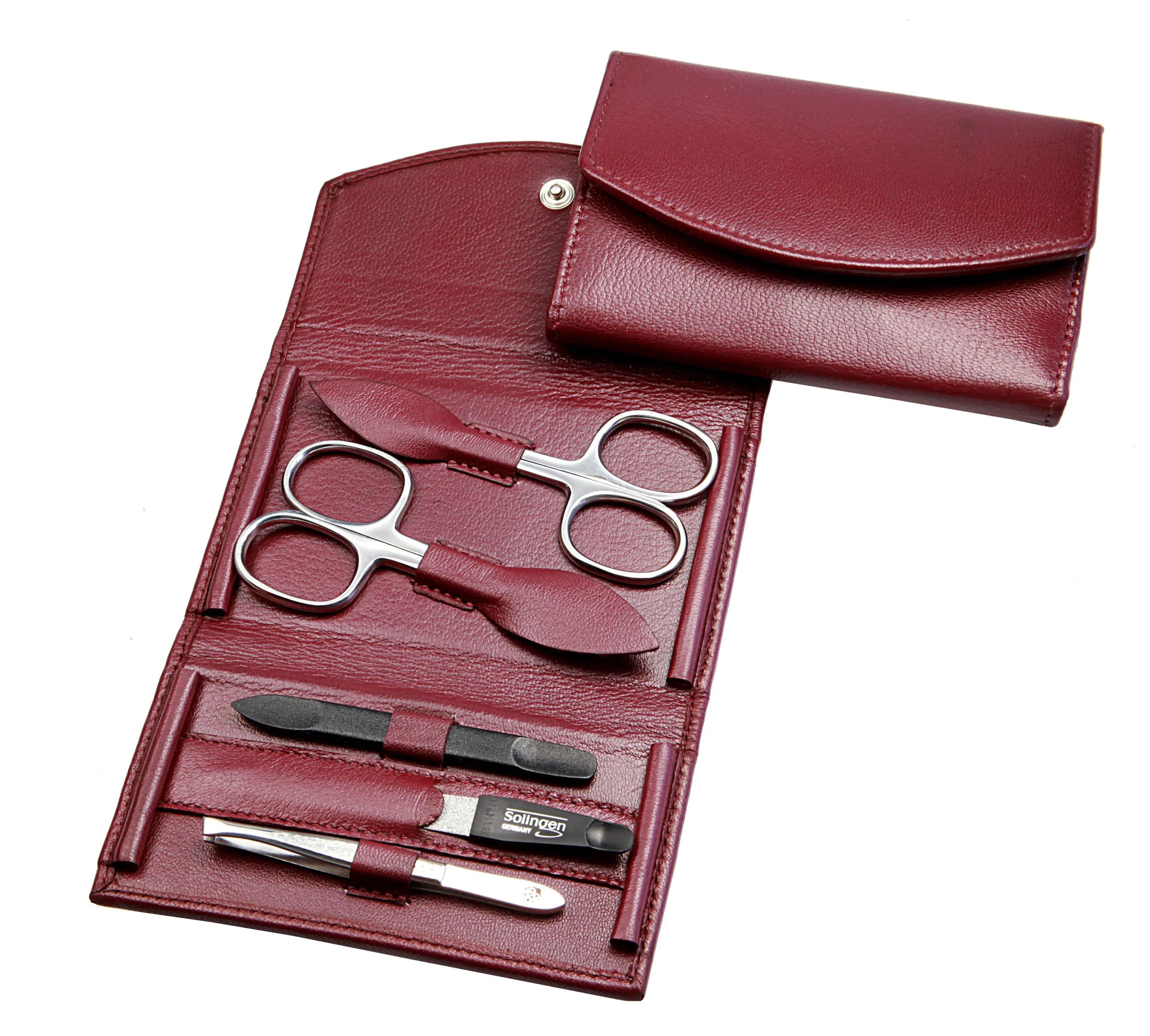 manicure set: 5 implements, stainless steel, mirror polished; nappa lambskin, burgundy