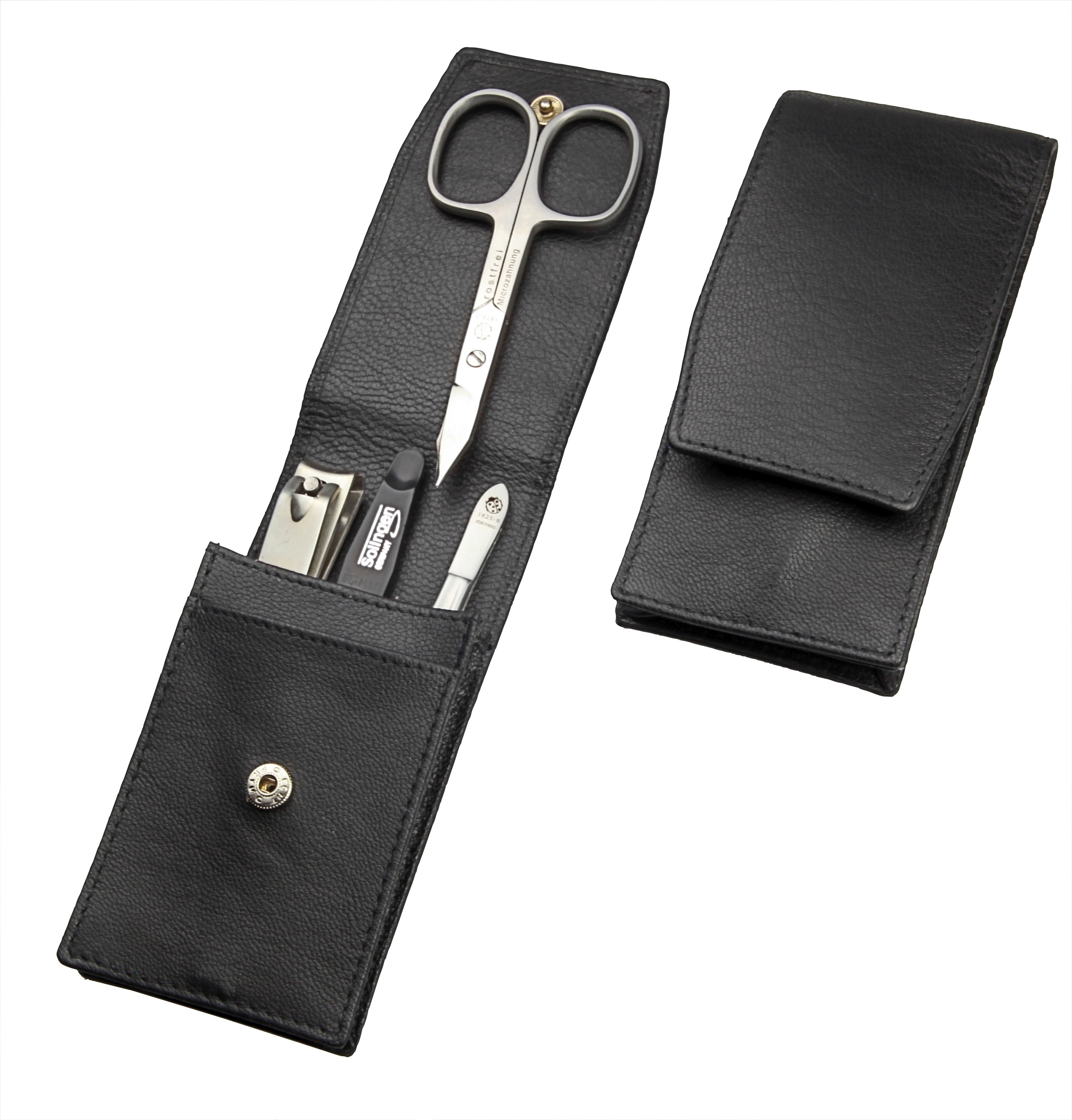 compact manicure set: 4 implements, stainless, matte finish; sheep nappa leather, black