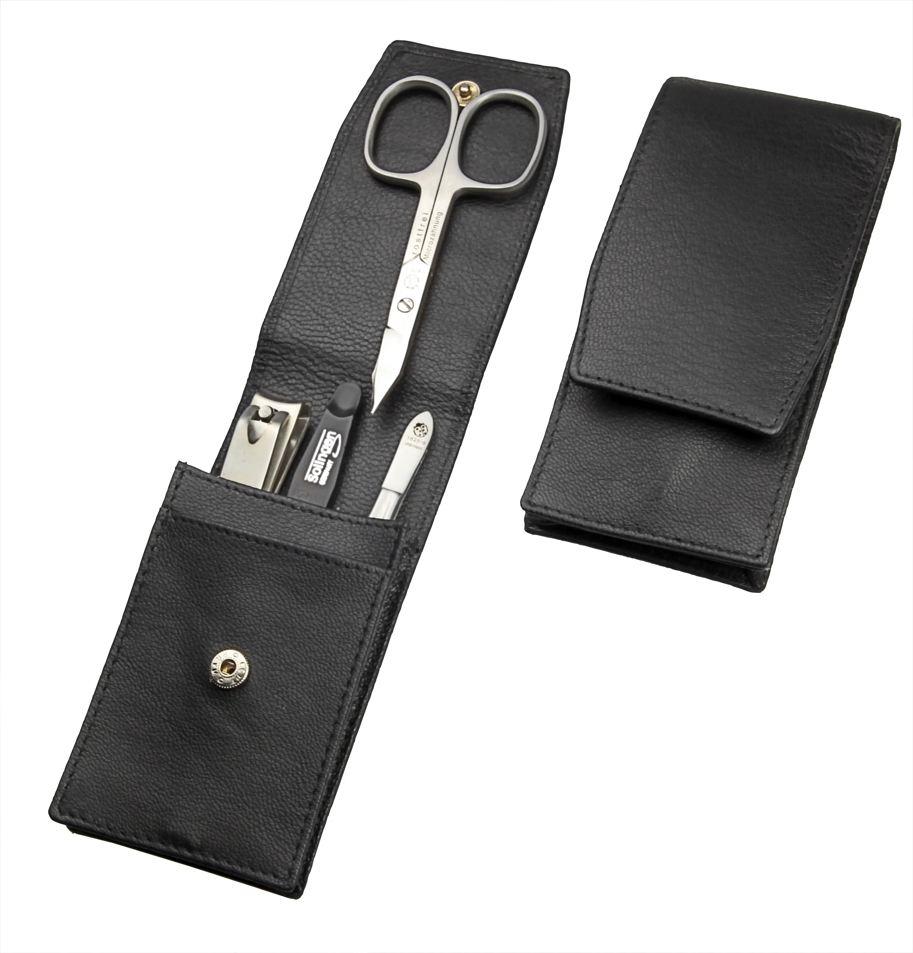 compact manicure set: 4 implements, stainless, matte finish; sheep nappa leather, black compact manicure set: 4 implements, stainless, matte finish; sheep nappa leather, black