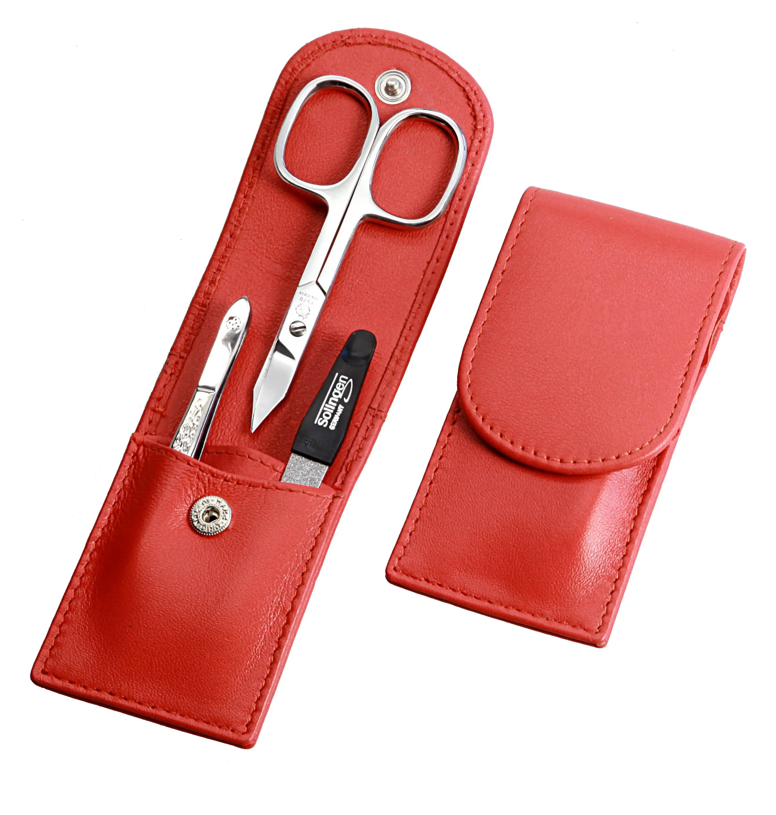 pocket sized manicure set: 3 implements, stainless steel, mirror-polished; nappa lambskin, orange