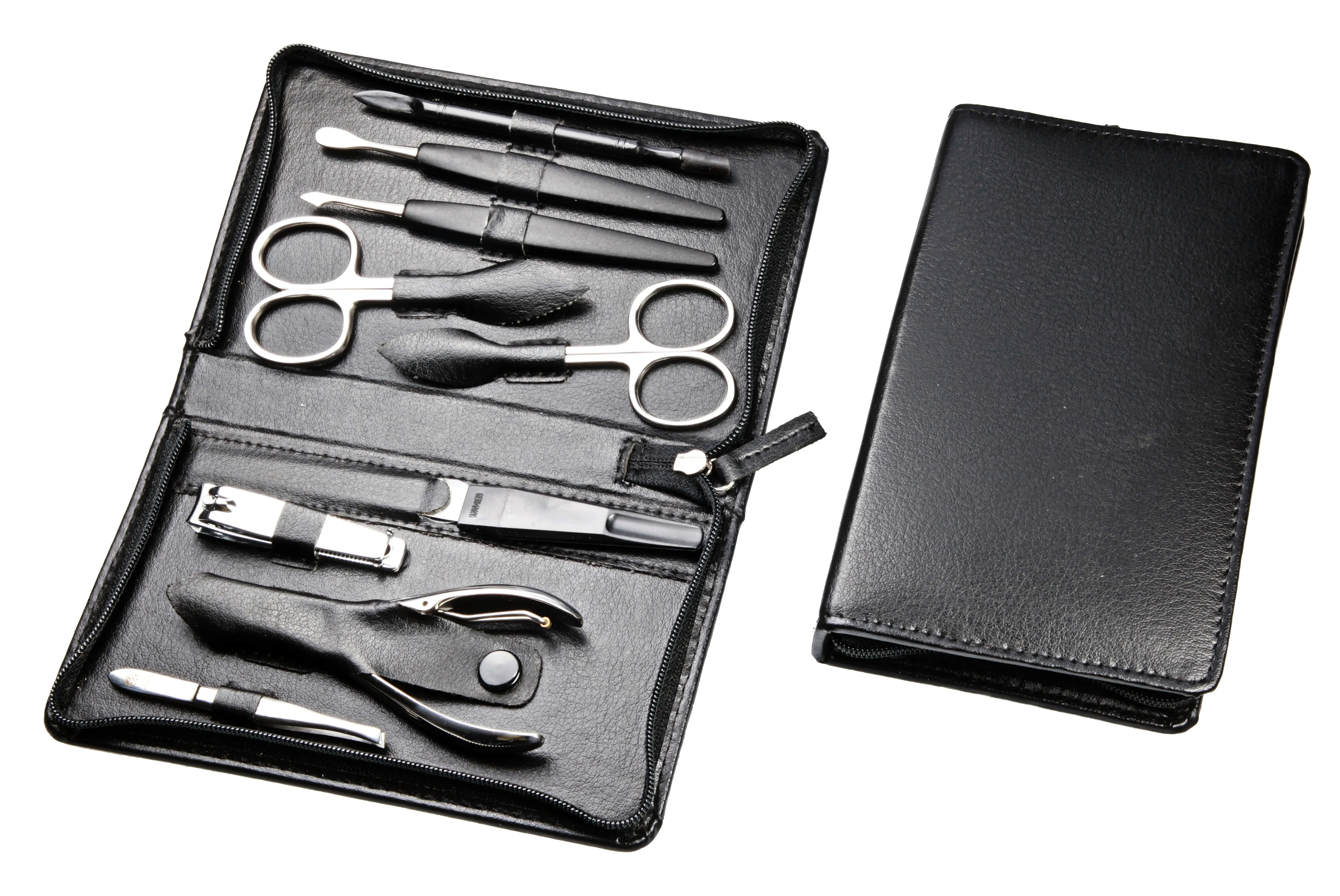 zippered manicure set: 9 implements, stainless steel, mirror polished finish; vegan cactus faux leather, black zippered manicure set: 9 implements, stainless steel, mirror polished finish; vegan cactus faux leather, black