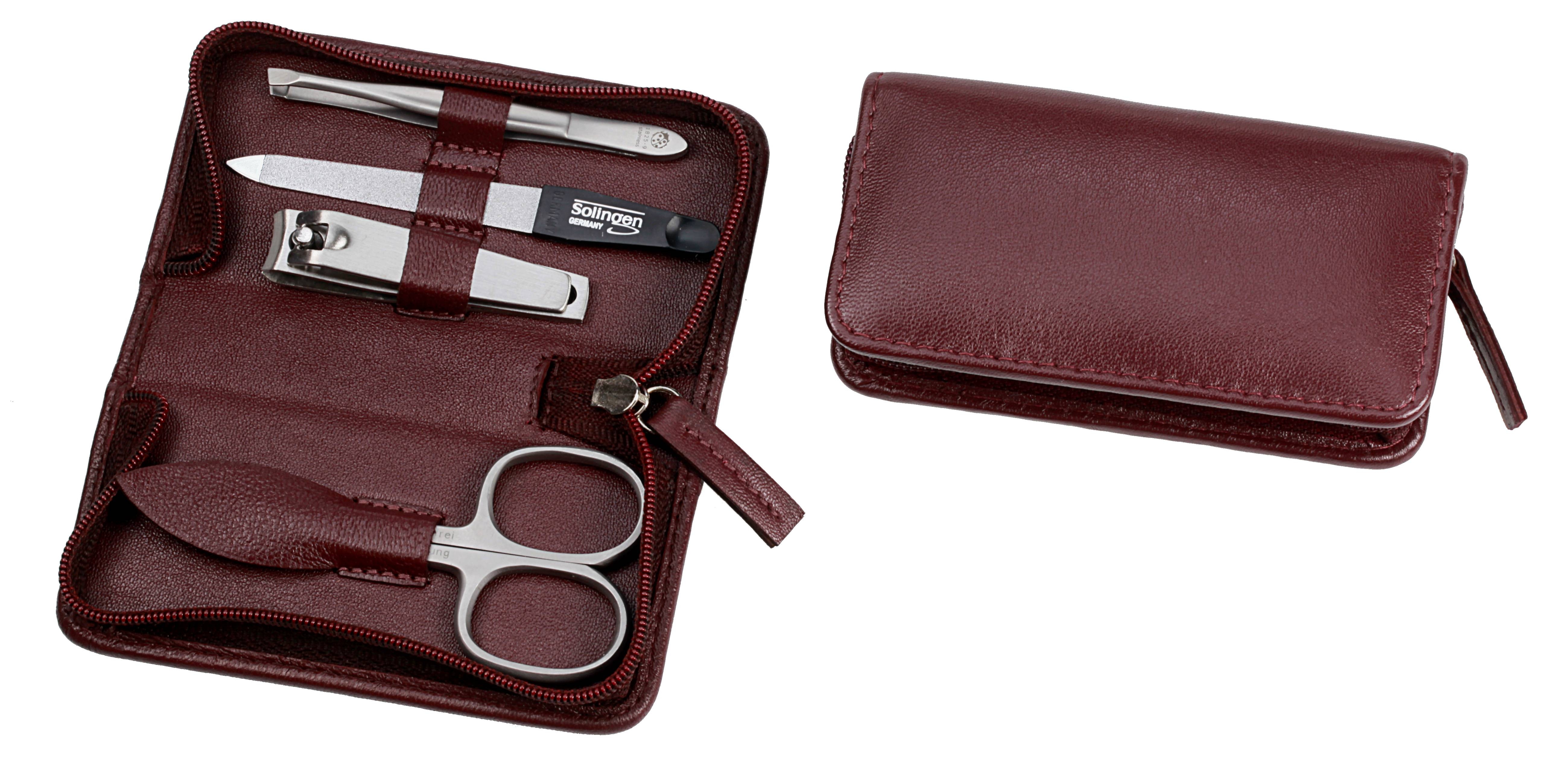 Manicure-Etui, Reißverschluss: 4-tlg. Bestückung, rostfrei-edelmattiert; Nappa-Lammleder, bordeaux