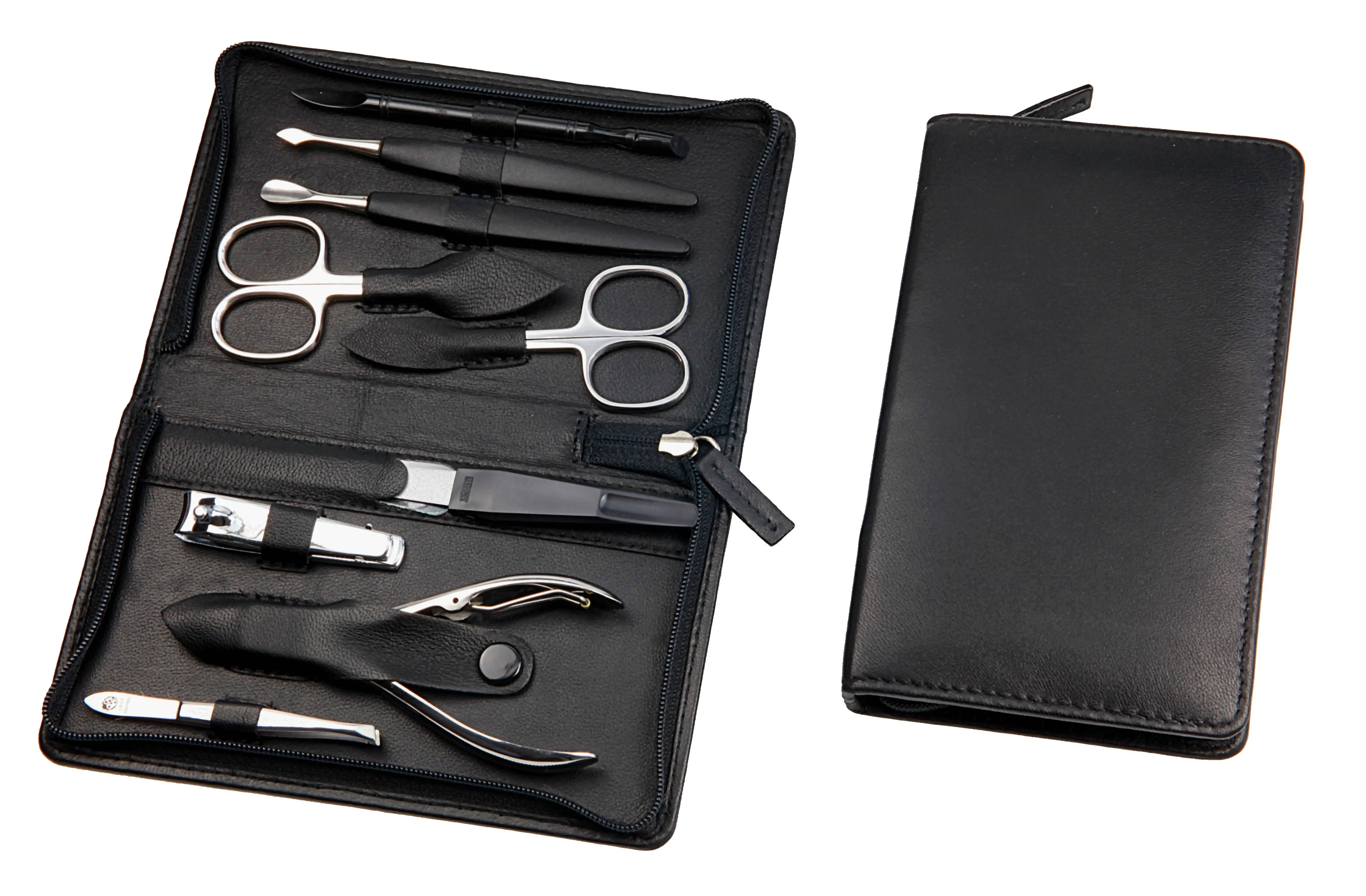 zippered manicure set: 9 implements, stainless steel, mirror polished; nappa lambskin, black