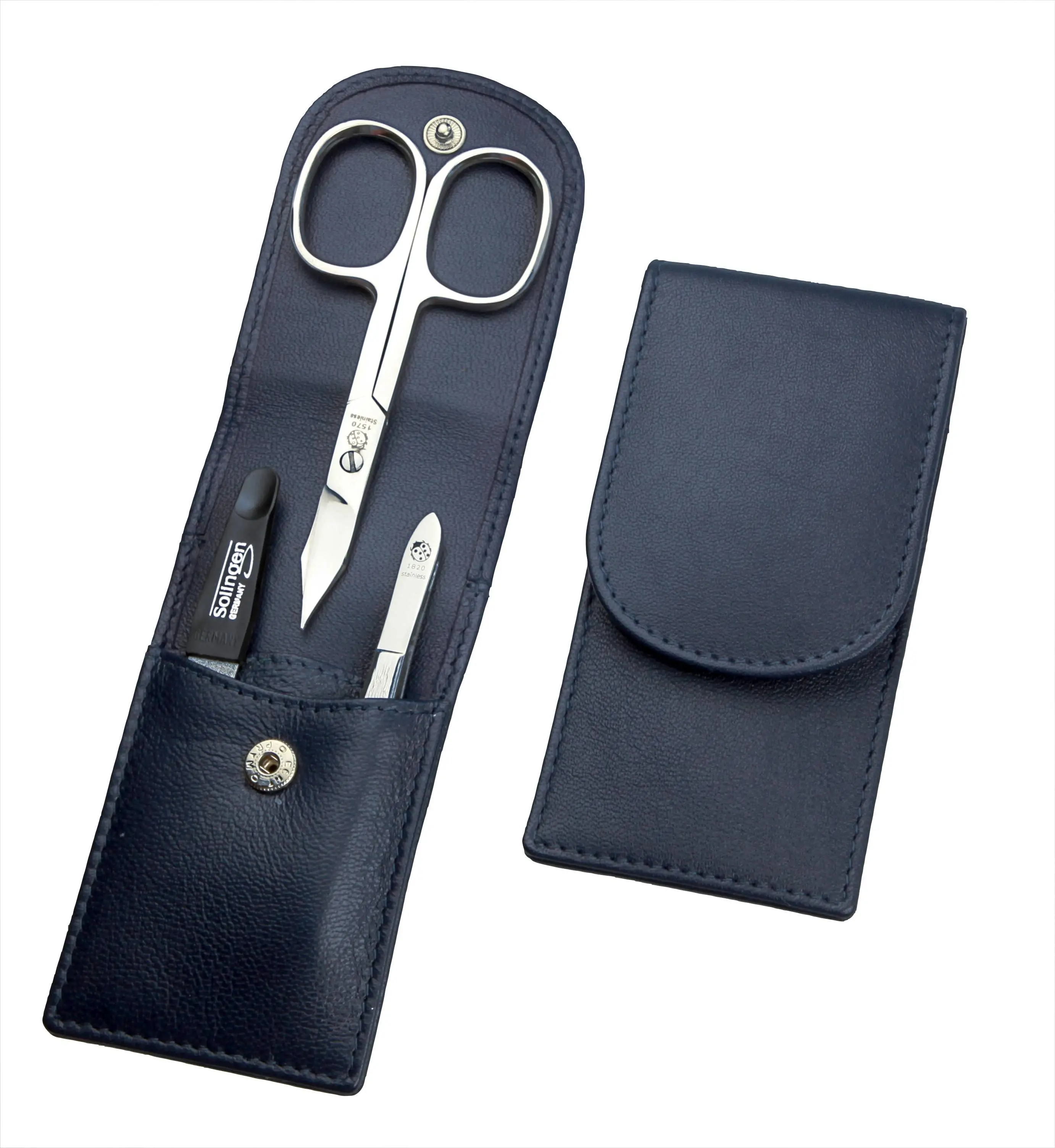 pocket sized manicure set: 3 pcs., stainless, mirror-polished, nappa lambskin, navy blue pocket sized manicure set: 3 pcs., stainless, mirror-polished, nappa lambskin, navy blue