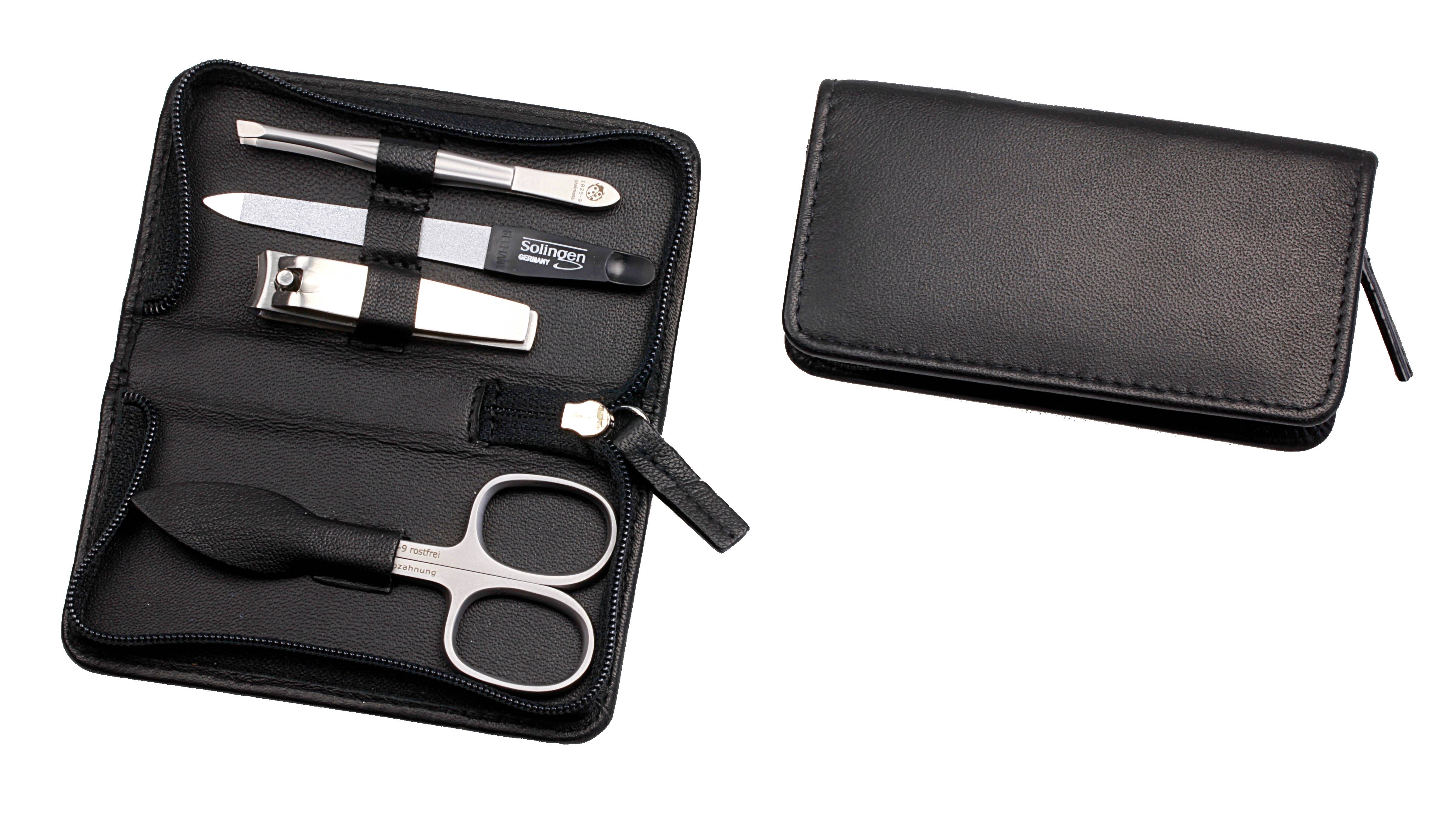 Manicure-Etui, Reißverschluss: 4-tlg. Bestückung, rostfrei-edelmattiert; Nappa-Lammleder, schwarz