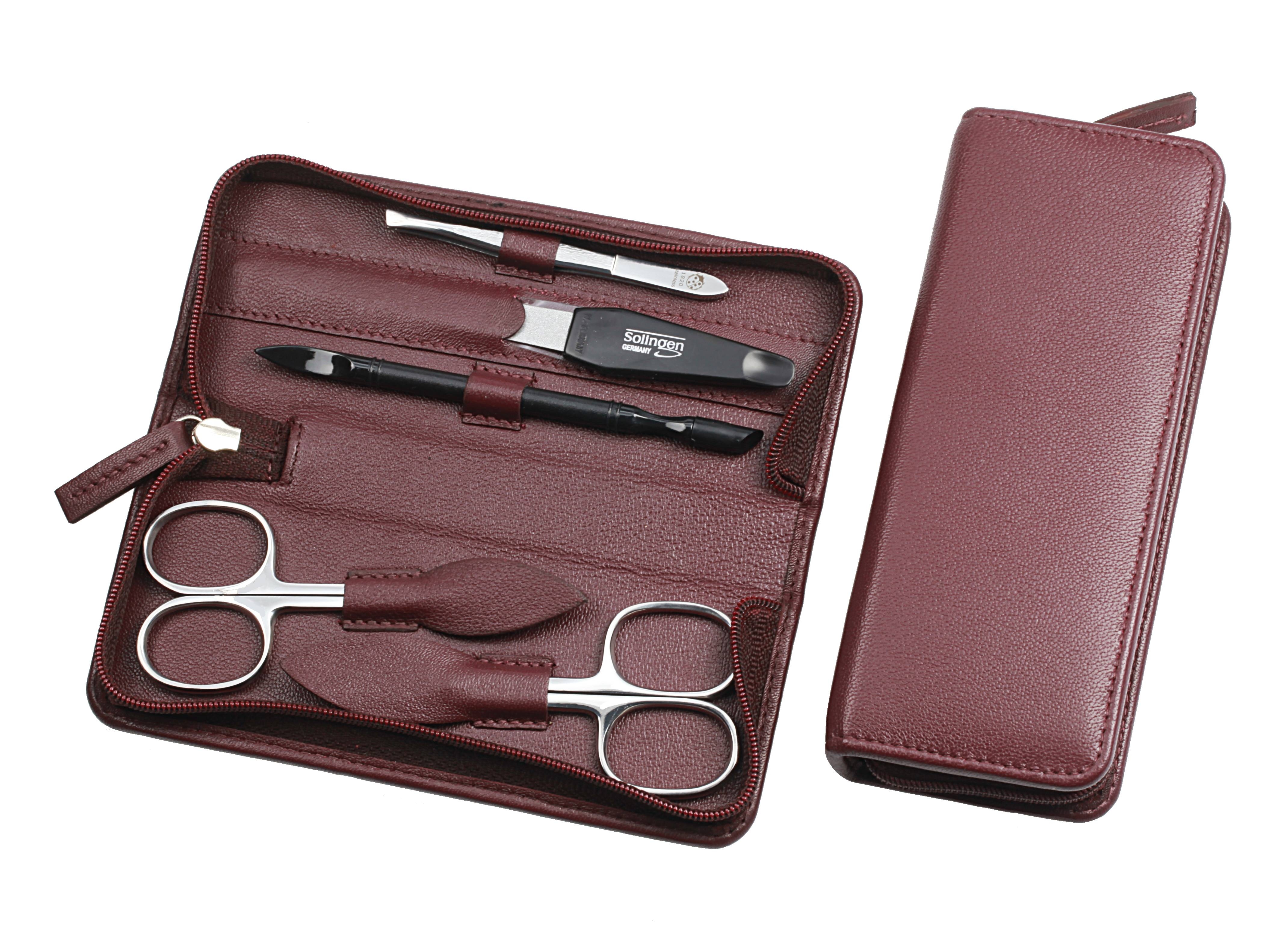 Manicure-Etui, Reißverschluss: 5-tlg. Bestückung, rostfrei-glanzpoliert; Nappa-Lammleder, bordeaux