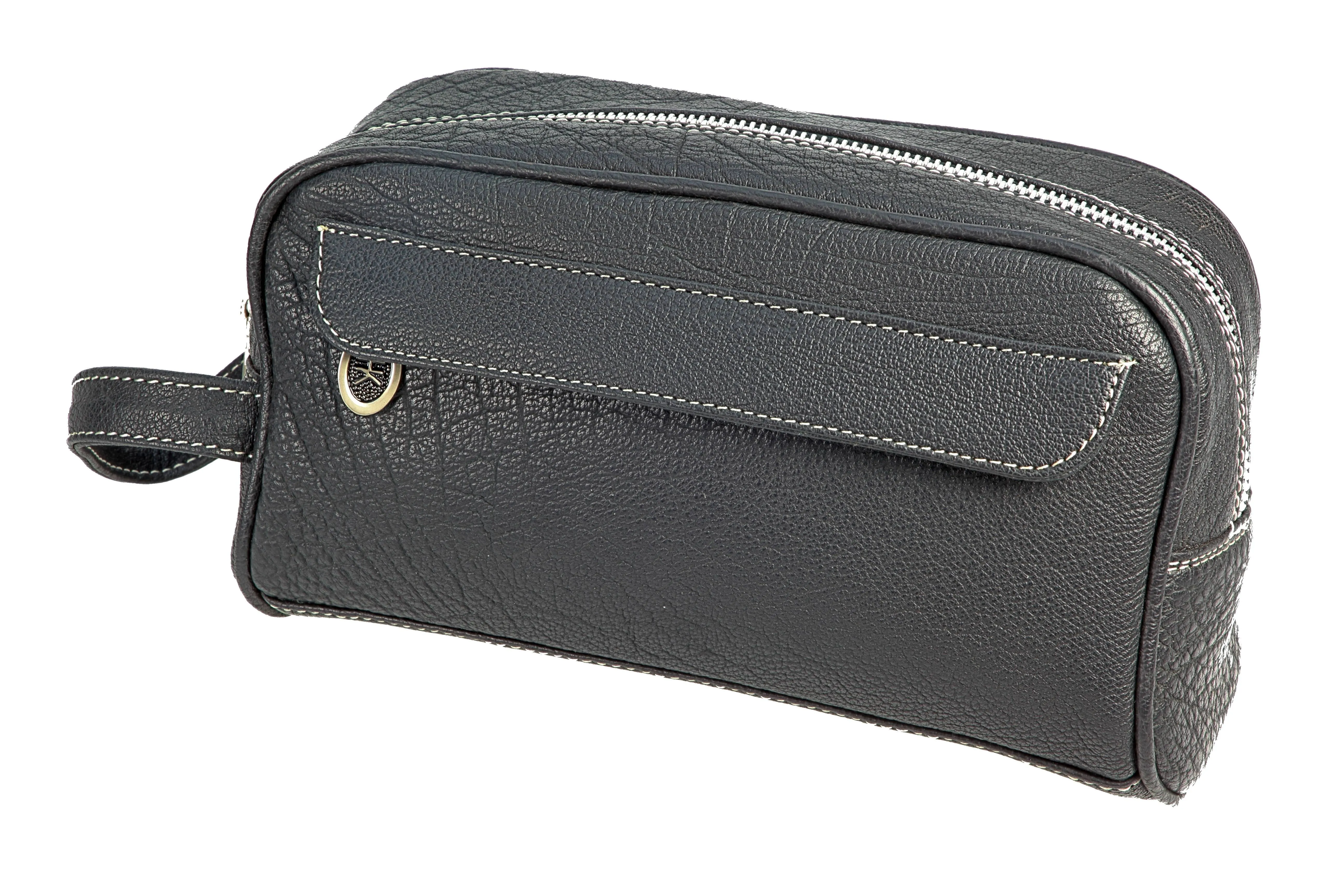 toiletry box, medium-sized: Shrunken buffalo leather, black with contrast stitching