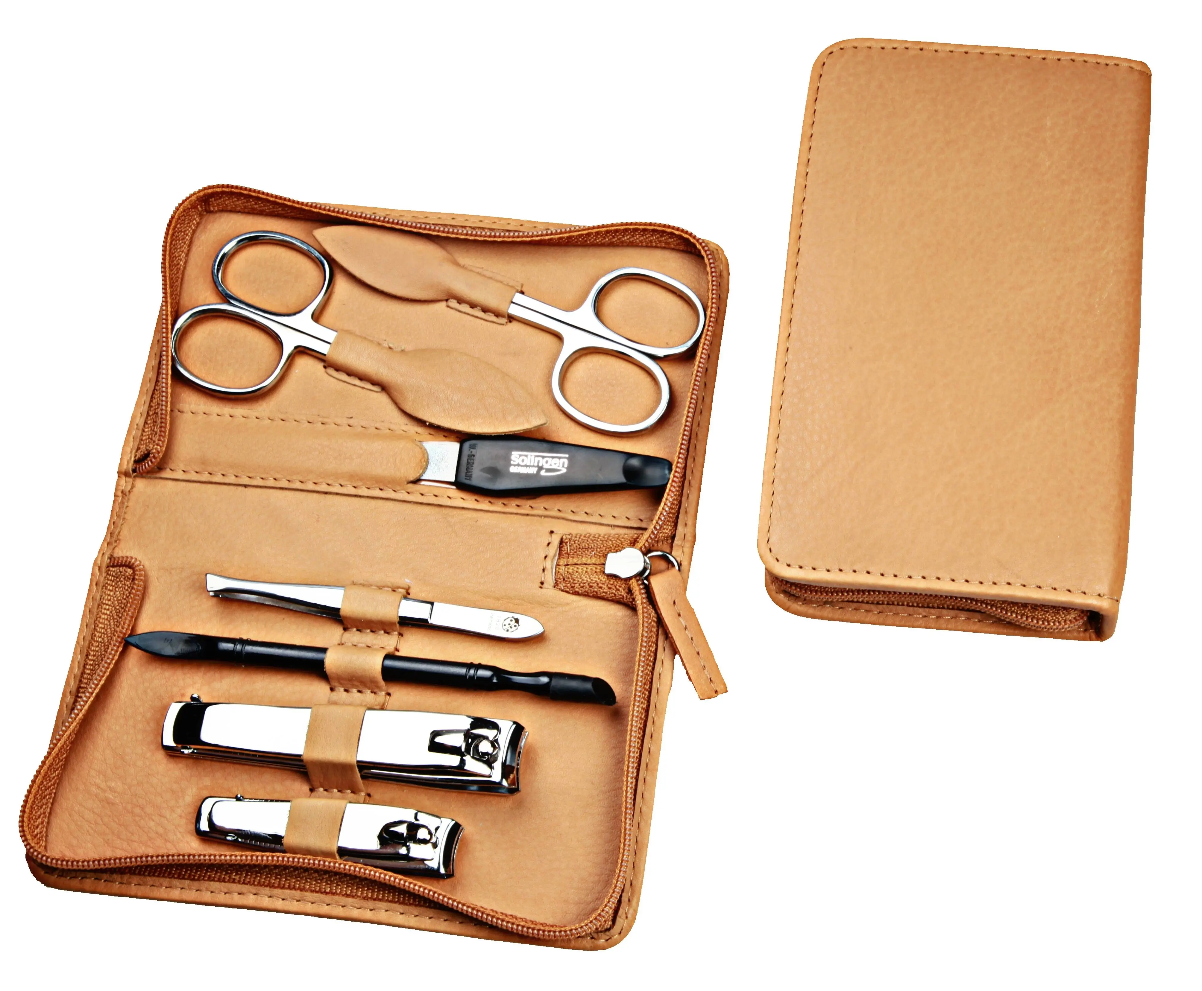 zippered manicure set: 7 implements, stainless steel, mirror-polished; fullgrain cowhide, sand zippered manicure set: 7 implements, stainless steel, mirror-polished; fullgrain cowhide, sand