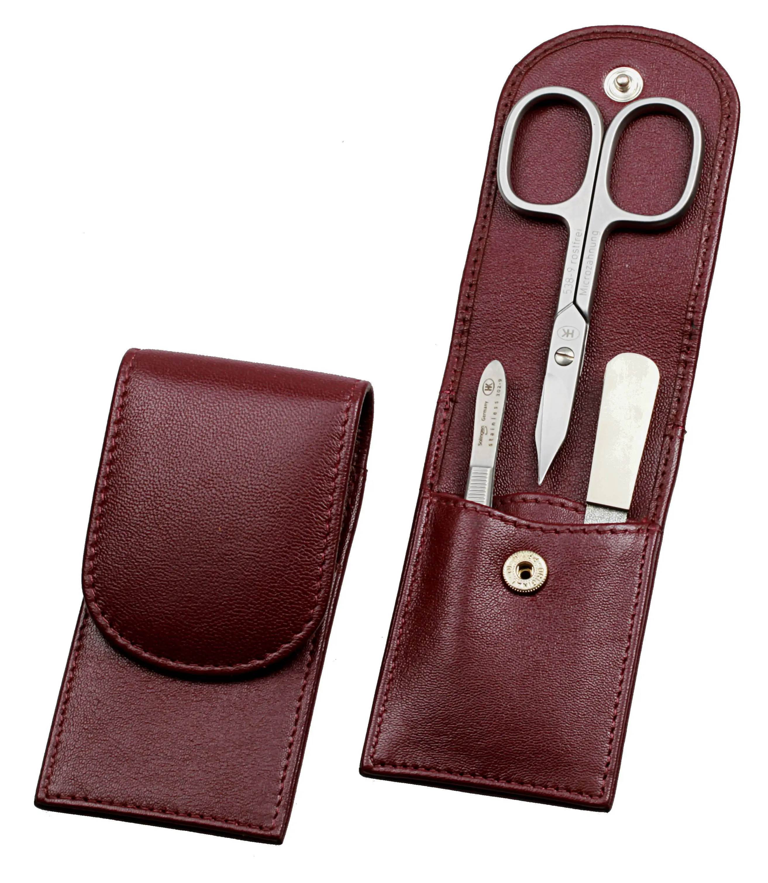 pocket sized manicure set: 3 implements, stainless steel matt finish; nappa lamb leather, burgundy pocket sized manicure set: 3 implements, stainless steel matt finish; nappa lamb leather, burgundy
