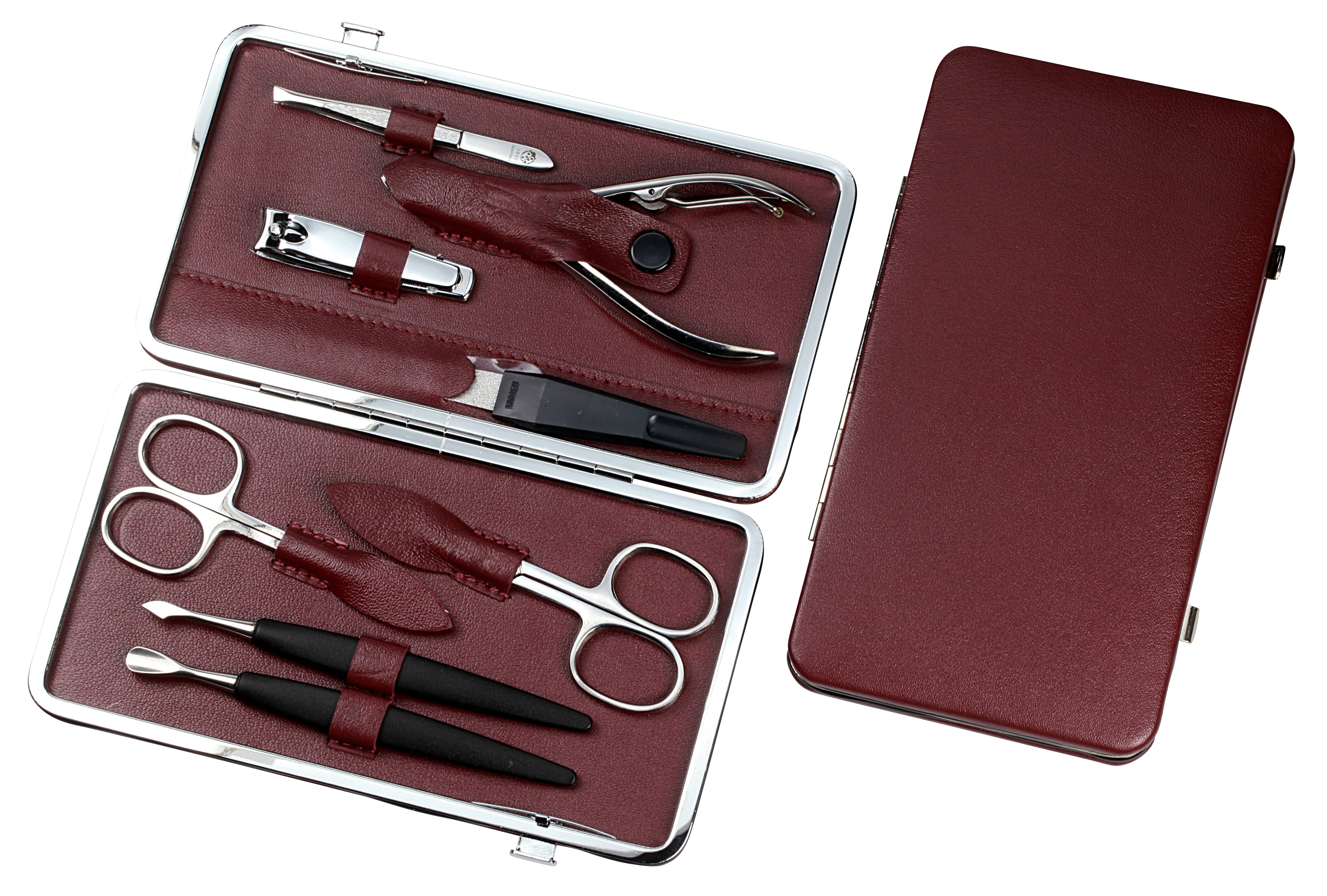 Manicure-Etui mit Metall-Rahmen: 8-tlg. Bestückung, rostfrei-glanzpoliert; Nappa-Lammleder, bordeaux Manicure-Etui mit Metall-Rahmen: 8-tlg. Bestückung, rostfrei-glanzpoliert; Nappa-Lammleder, bordeaux