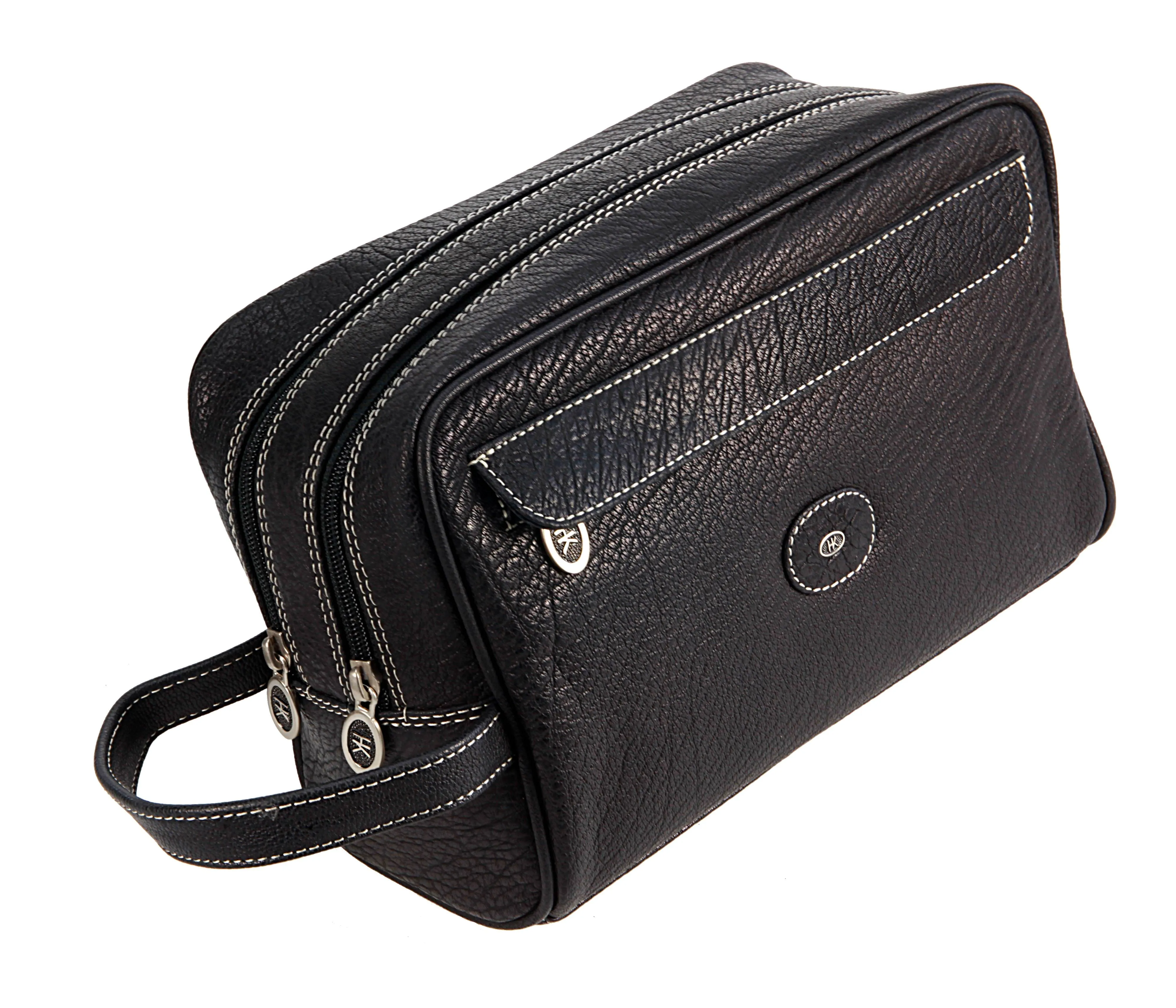 double zip toilet box: Shrunken buffalo leather, black with light contrast stitching