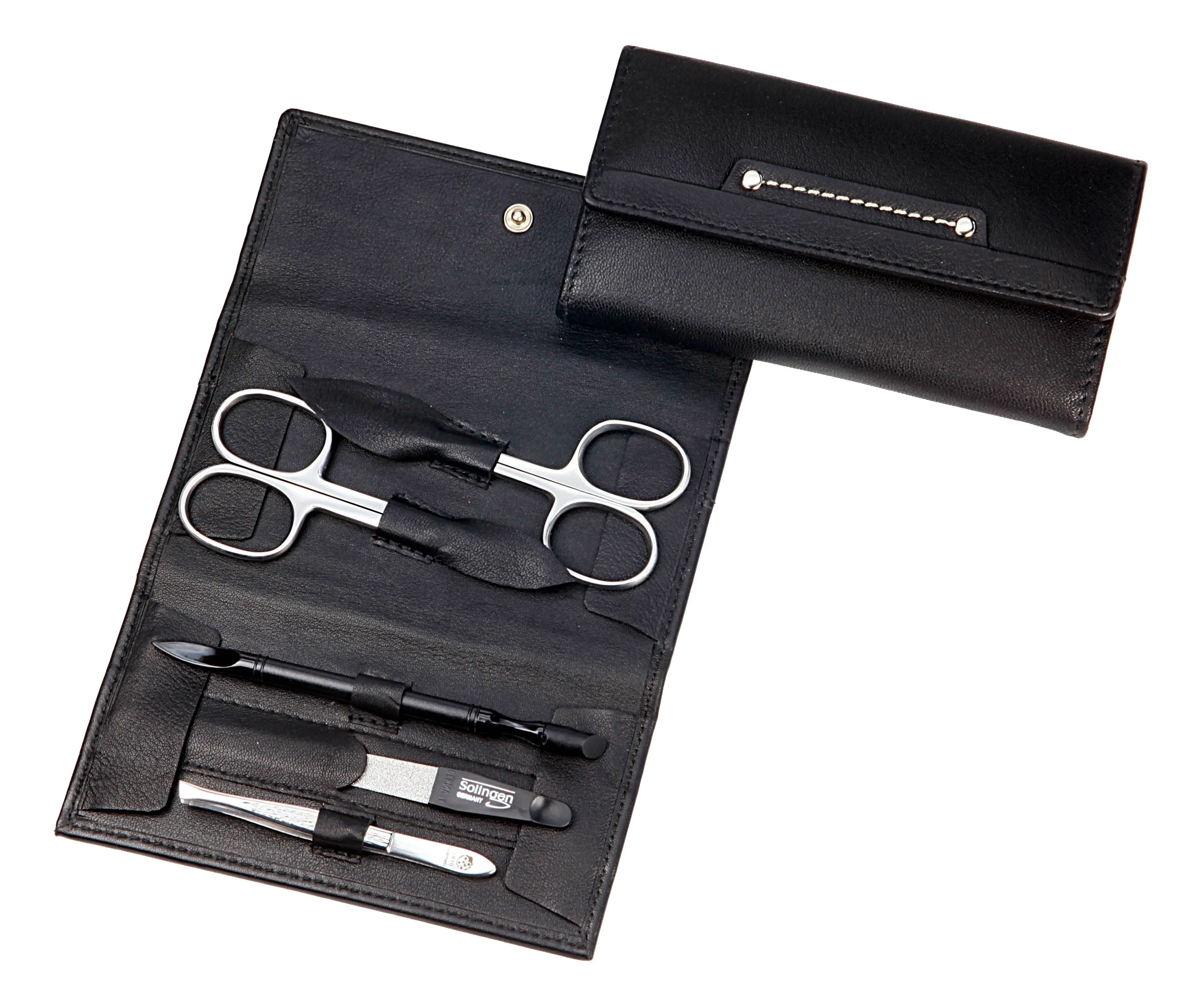 manicure set: 5 implements, stainless steel, mirror polished; nappa lambskin, black