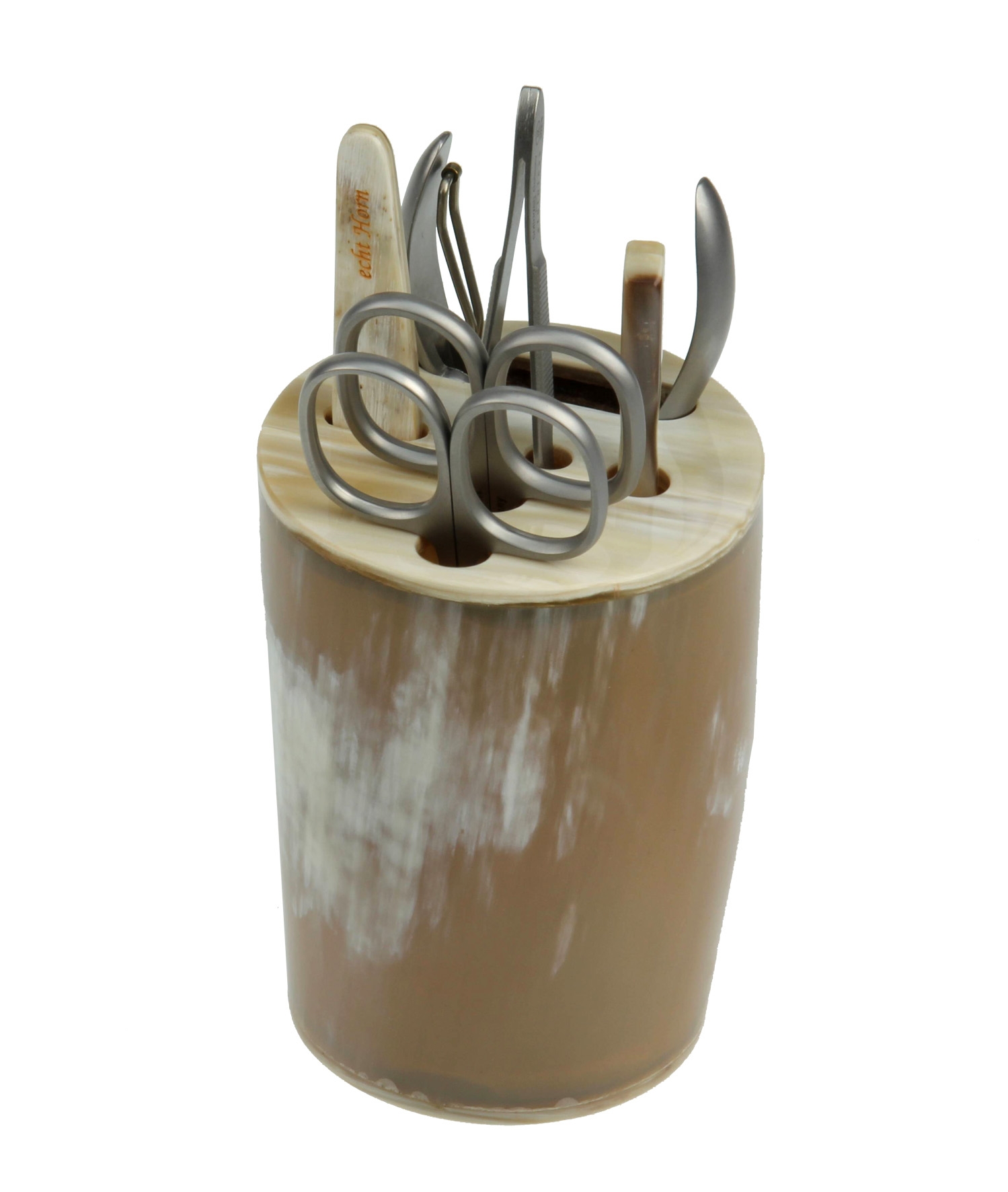 Manicure-Ständer aus "echt Horn", 6-teilige Bestückung, ROSTFREI Manicure-Ständer aus "echt Horn", 6-teilige Bestückung, ROSTFREI