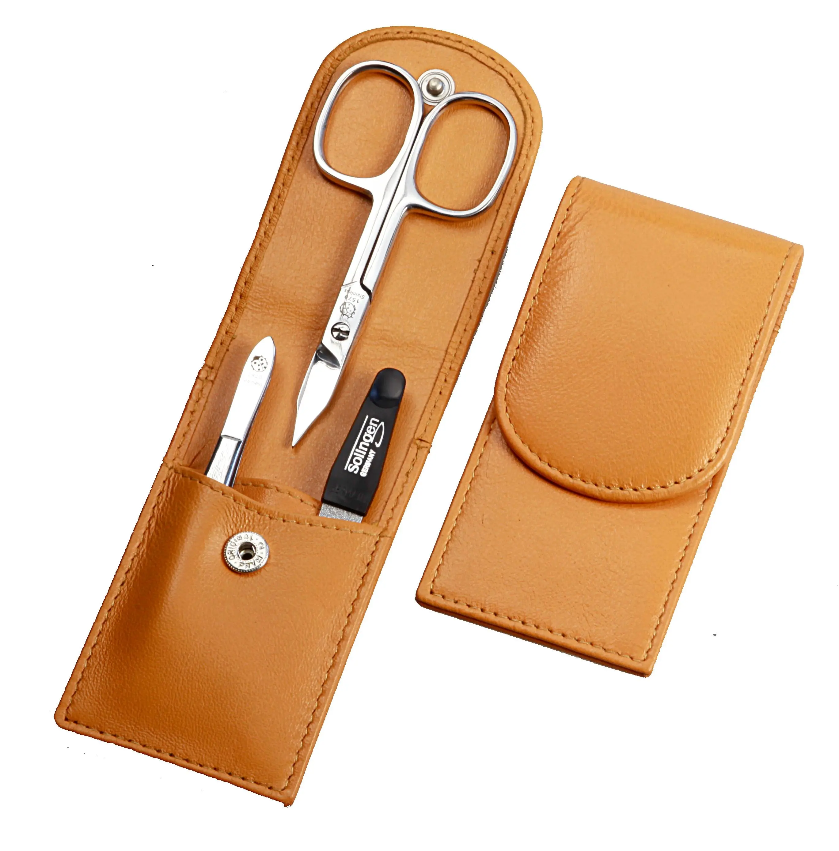 pocket sized manicure set: 3 implements, stainless steel, mirror polished; nappa lambskin, yellow pocket sized manicure set: 3 implements, stainless steel, mirror polished; nappa lambskin, yellow