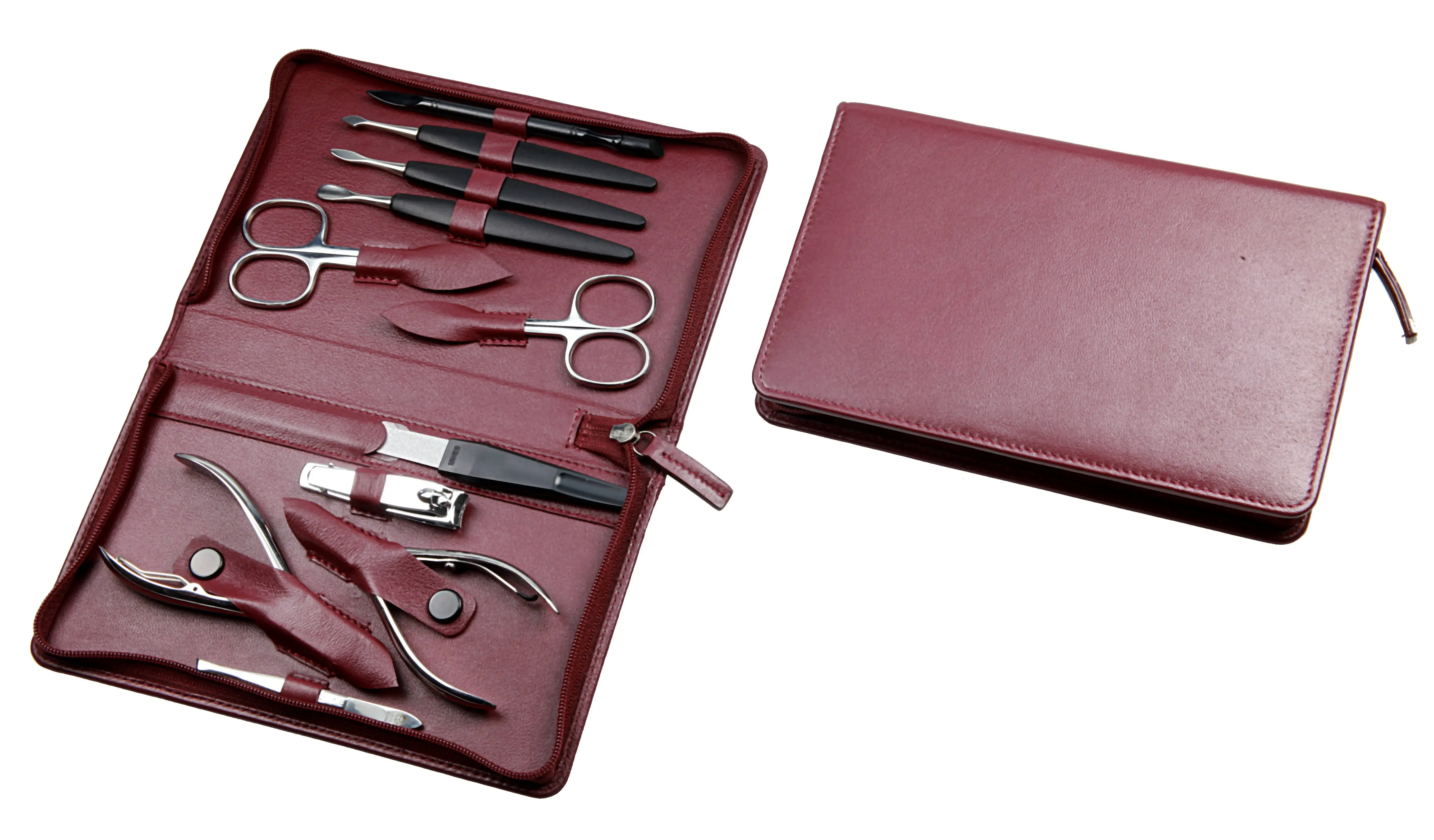 zippered manicure set: 9 implements, stainless steel, mirror polished; nappa lambskin, burgundy