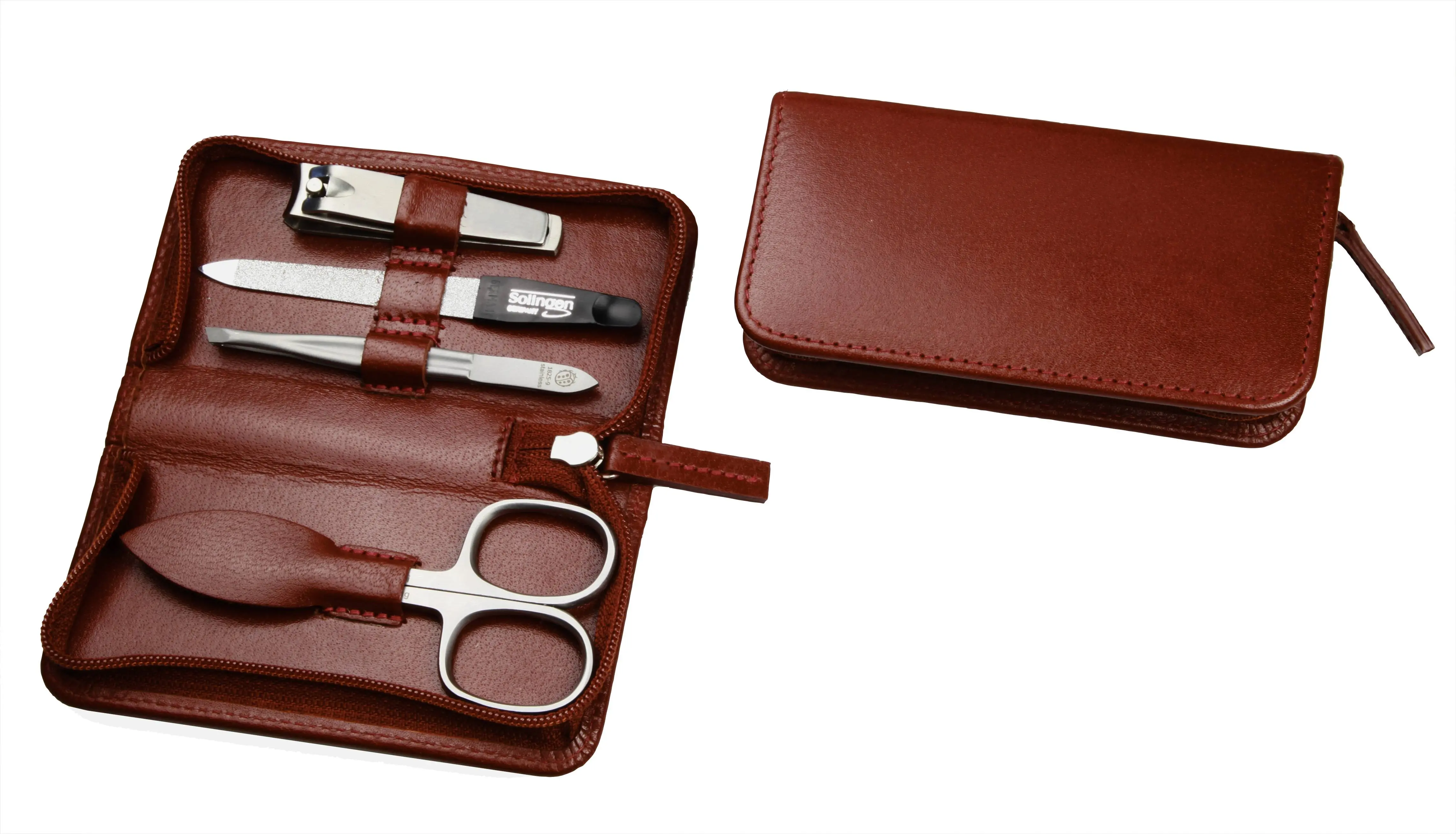 zippered manicure set: 4 implements, stainless steel, matt finish; buffalo leather, cognac brown