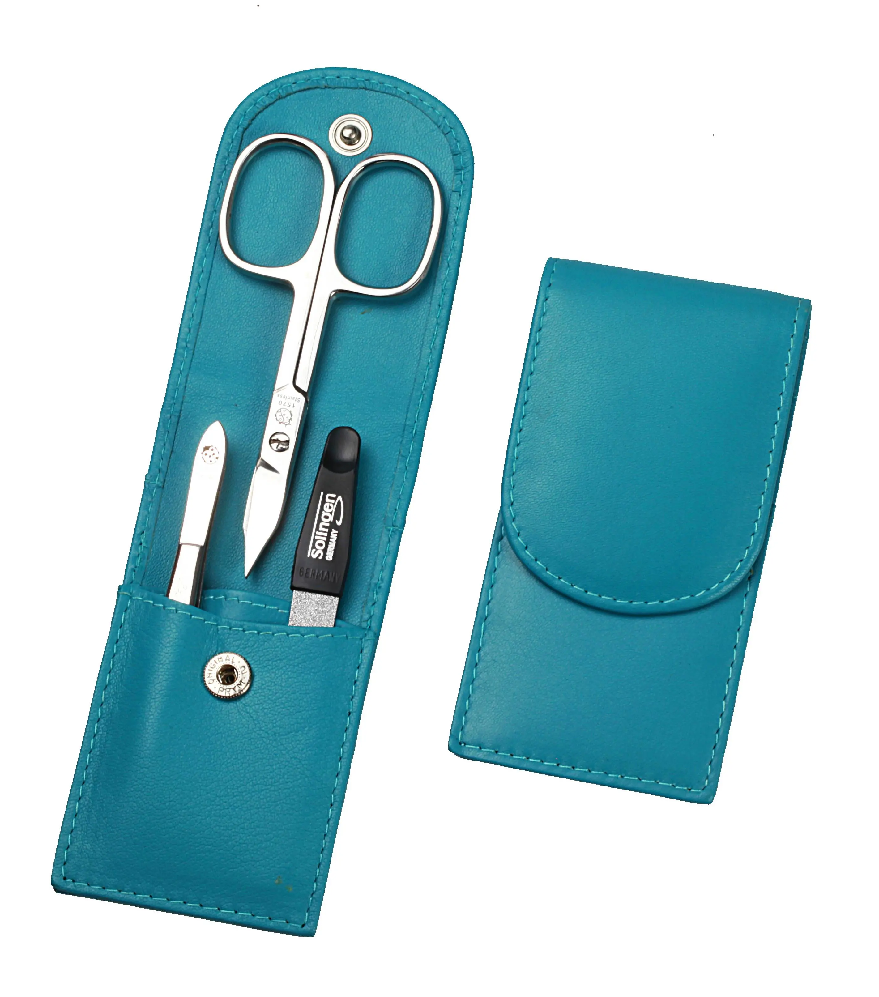 Taschenmanicure: 3-tlg. Bestückung, rostfrei-glanzpoliert; Nappa-Lammleder, türkis