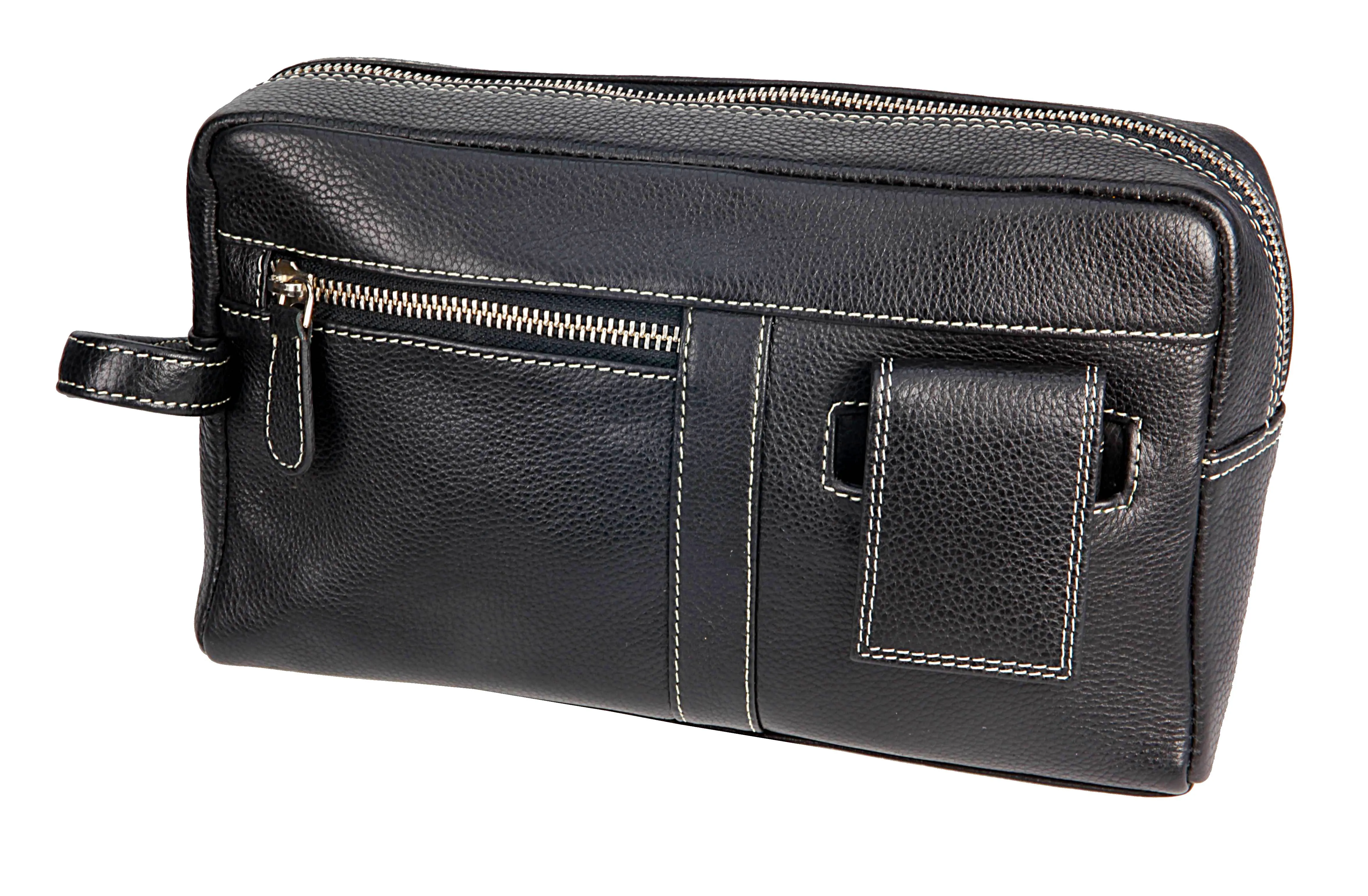 cosmetic box, medium sized, w/3-pcs. manicure set, stainless; genuine cowhide, black with contrast stitching