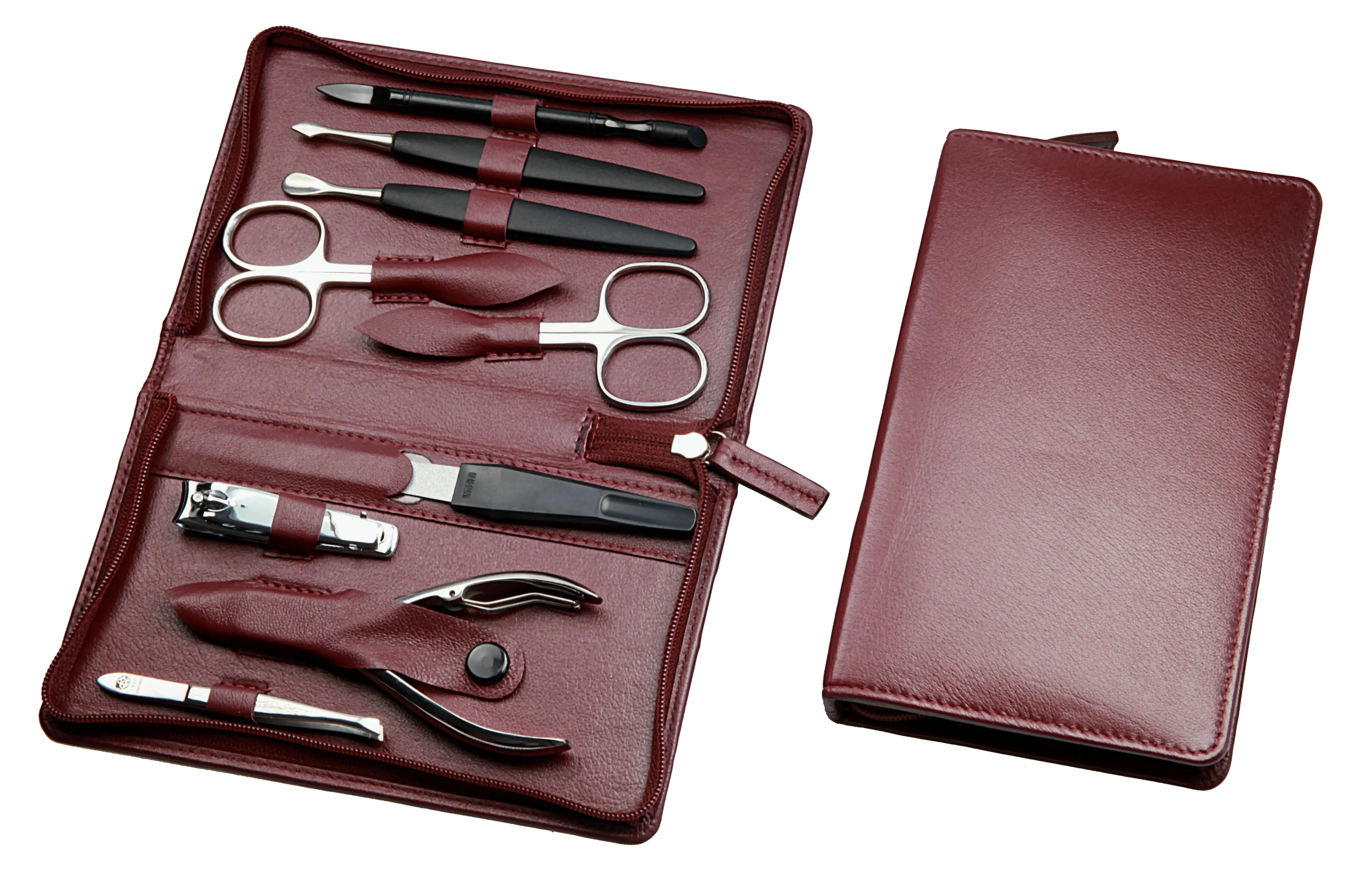 zippered manicure set: 9 implements, stainless steel, mirror polished finish; nappa lambskin, burgundy