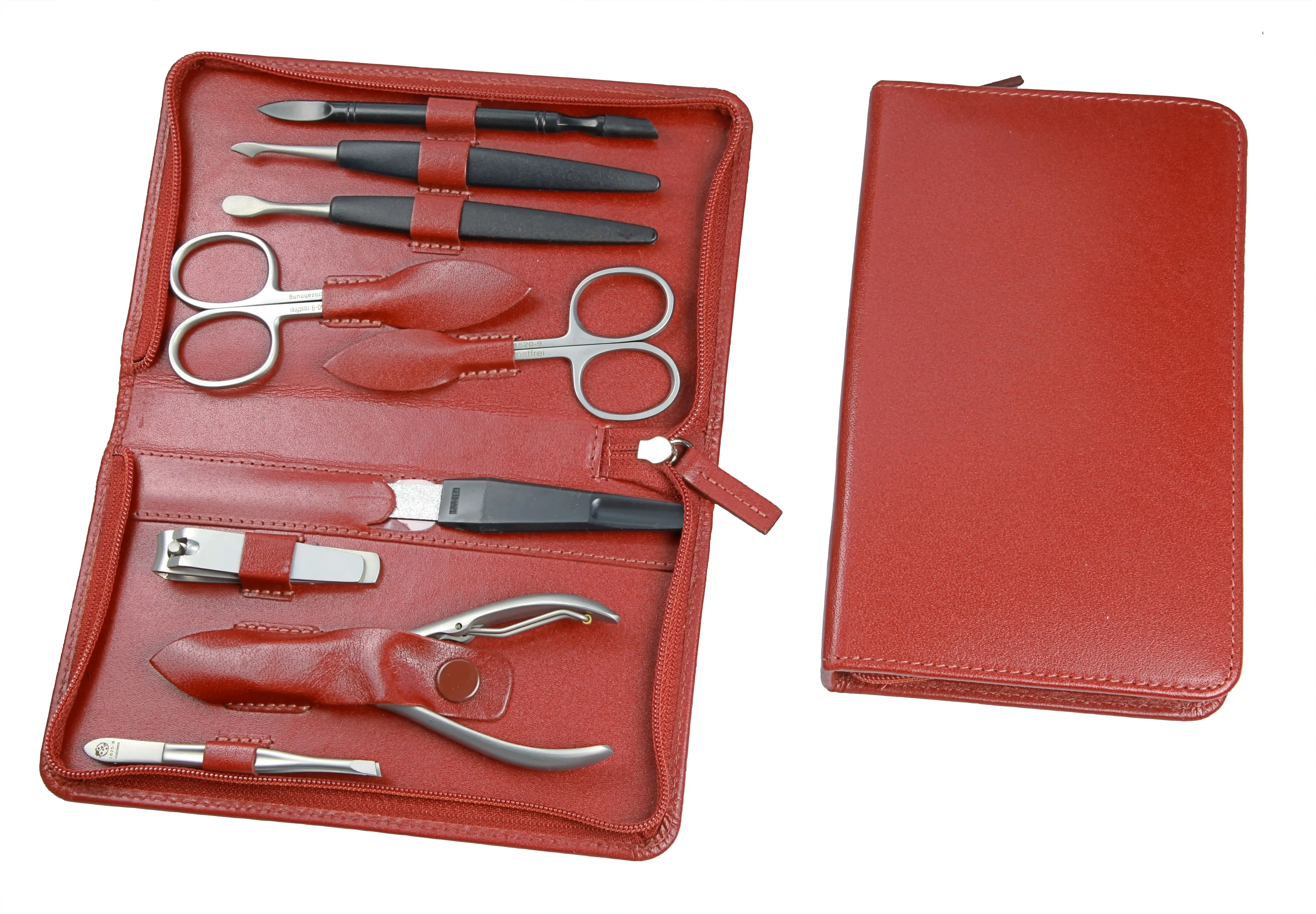 Manicure-Etui, Reißverschluss: 9-tlg. Bestückung, rostfrei-edelmattiert; Büffelleder, cognacbraun Manicure-Etui, Reißverschluss: 9-tlg. Bestückung, rostfrei-edelmattiert; Büffelleder, cognacbraun