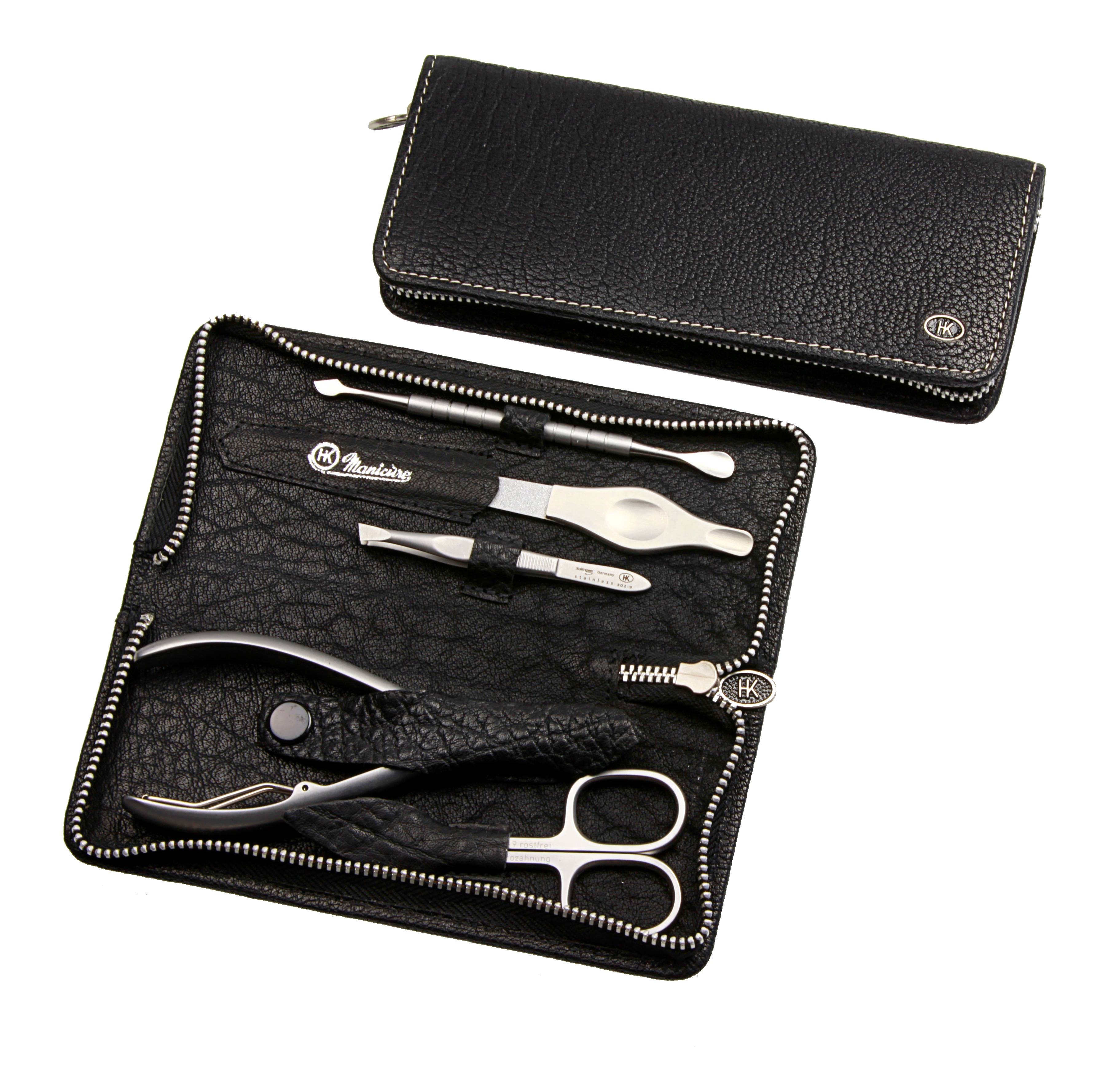 Manicure-Etui mit Metall-Reißverschluss: 5-tlg. Bestückung, rostfrei-edelmattiert; schrumpfgegerbtes Büffelleder, schwarz mit hellen Kontrastnähten Manicure-Etui mit Metall-Reißverschluss: 5-tlg. Bestückung, rostfrei-edelmattiert; schrumpfgegerbtes Büffelleder, schwarz mit hellen Kontrastnähten