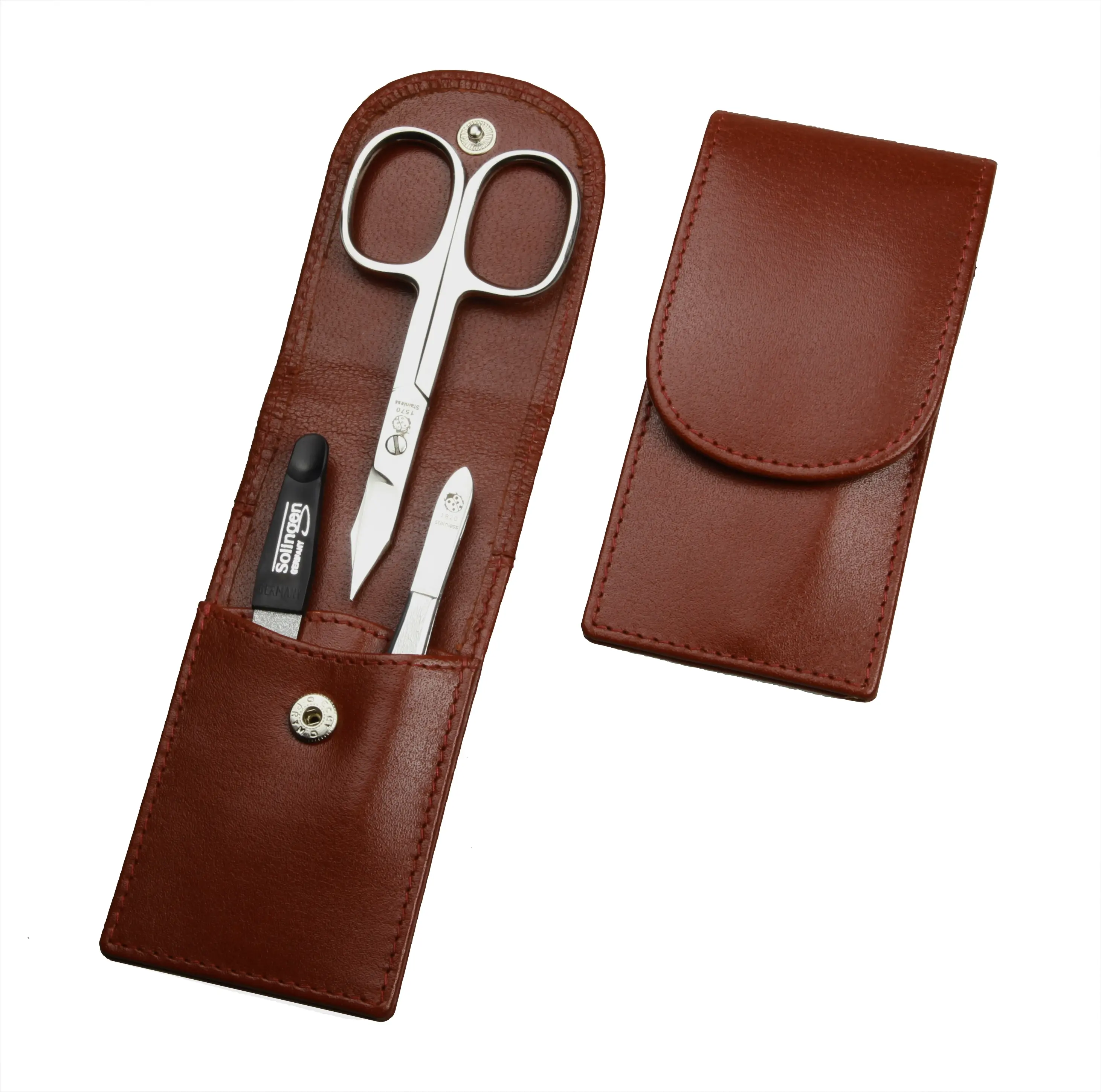 pocket sized manicure set: 3 pcs., stainless, mirror-polished; buffalo leather, cognac pocket sized manicure set: 3 pcs., stainless, mirror-polished; buffalo leather, cognac