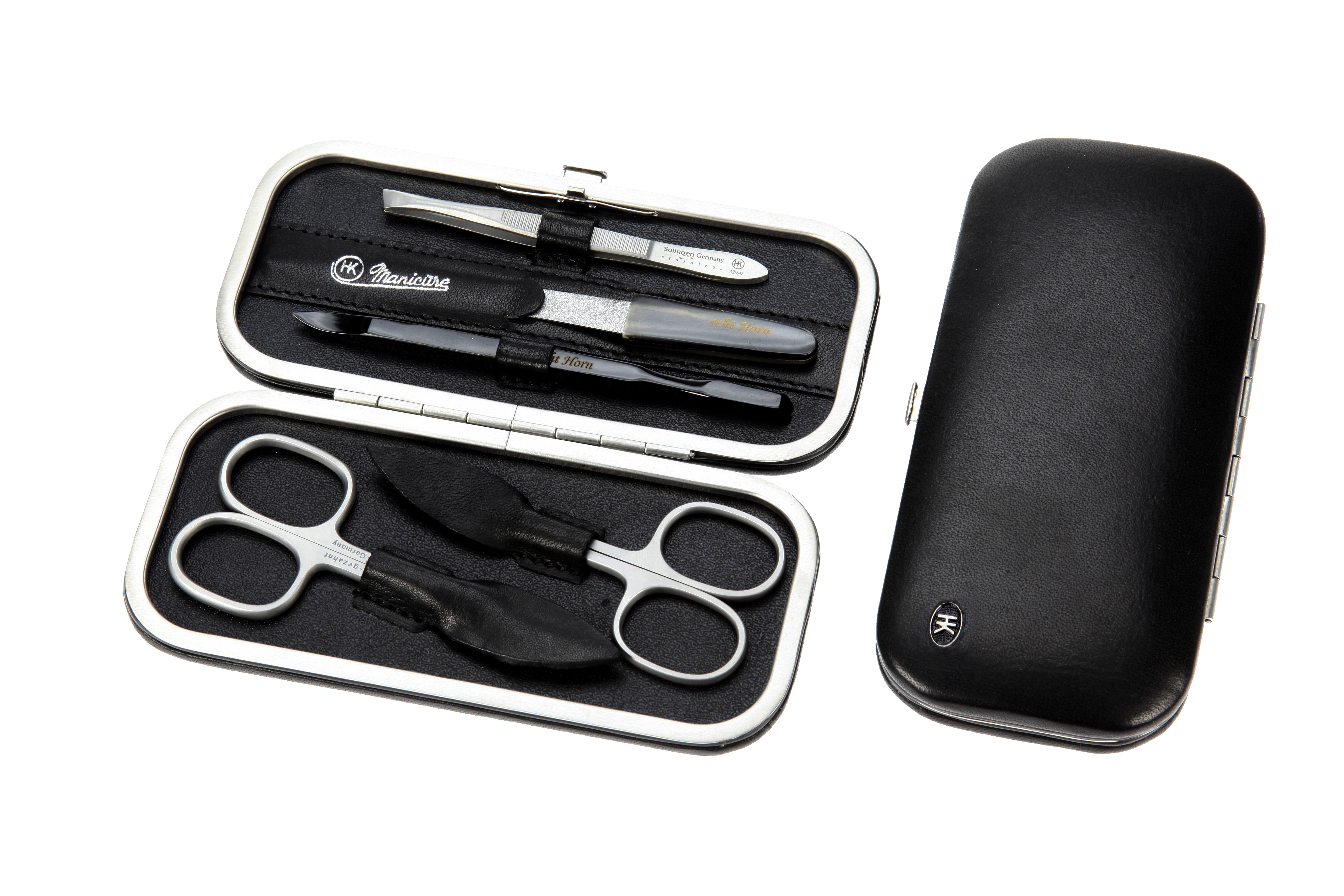Manicure-Etui, Edelstahlrahmen: 5-tlg. Bestückung, rostfrei-edelmattiert; echt Russisch-Juchten Vollrindleder, schwarz Manicure-Etui, Edelstahlrahmen: 5-tlg. Bestückung, rostfrei-edelmattiert; echt Russisch-Juchten Vollrindleder, schwarz