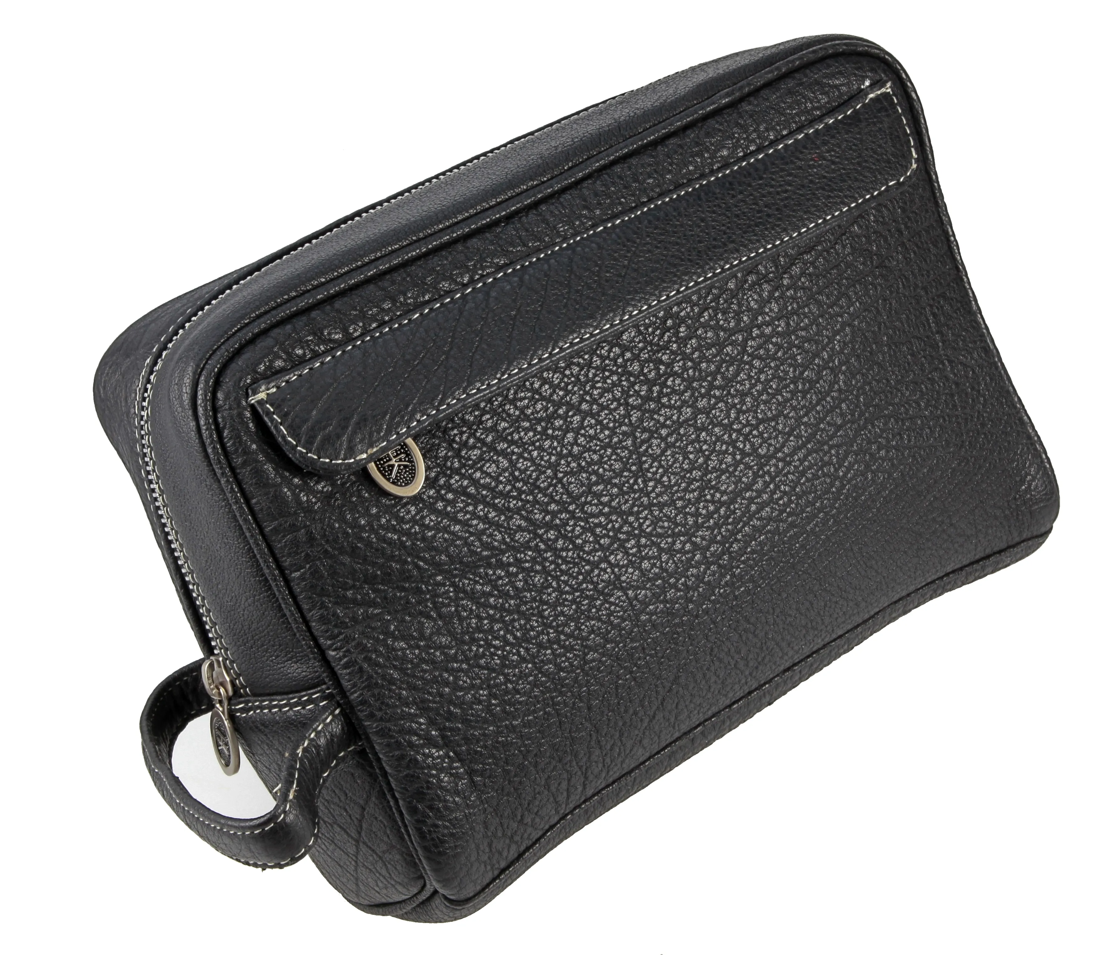 mens' toiletry box, high: Shrunken buffalo leather, black with light contrast stitching