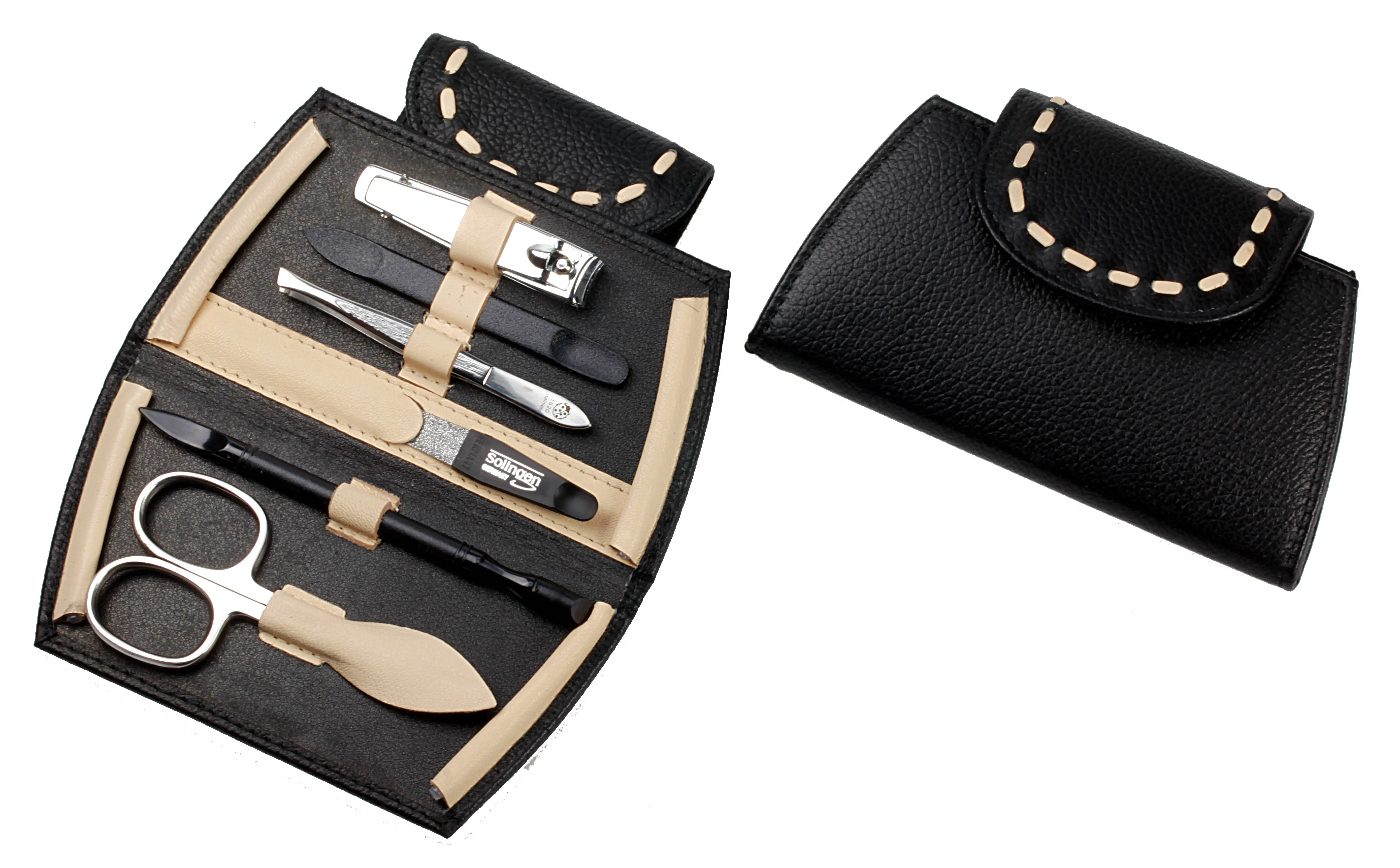 manicure set: 6 implements, stainless, mirror polished; genuine cowhide, black/beige