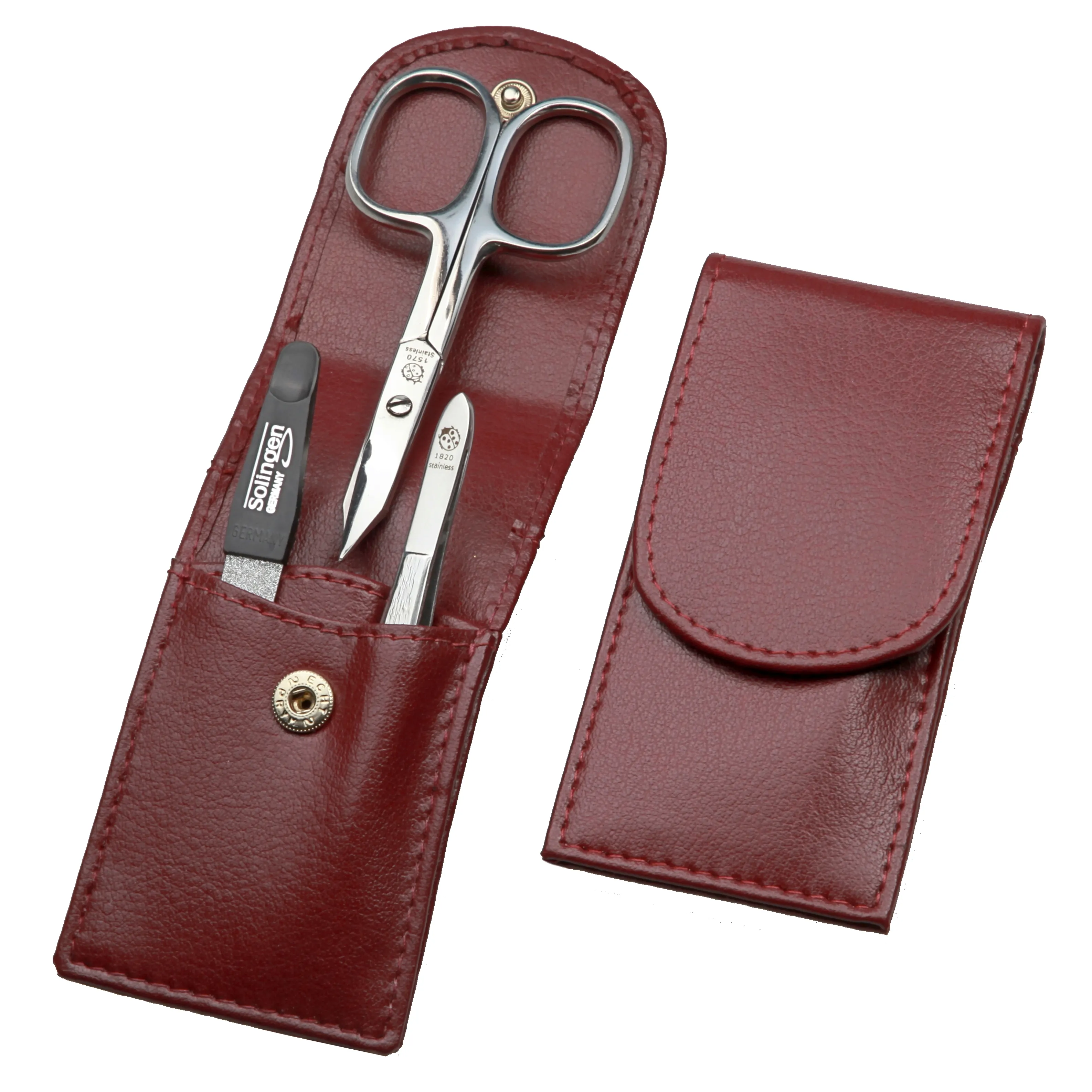 pocket sized manicure set: 3 implements, stainless steel, mirror polished; genuine lamb nappa, burgundy pocket sized manicure set: 3 implements, stainless steel, mirror polished; genuine lamb nappa, burgundy