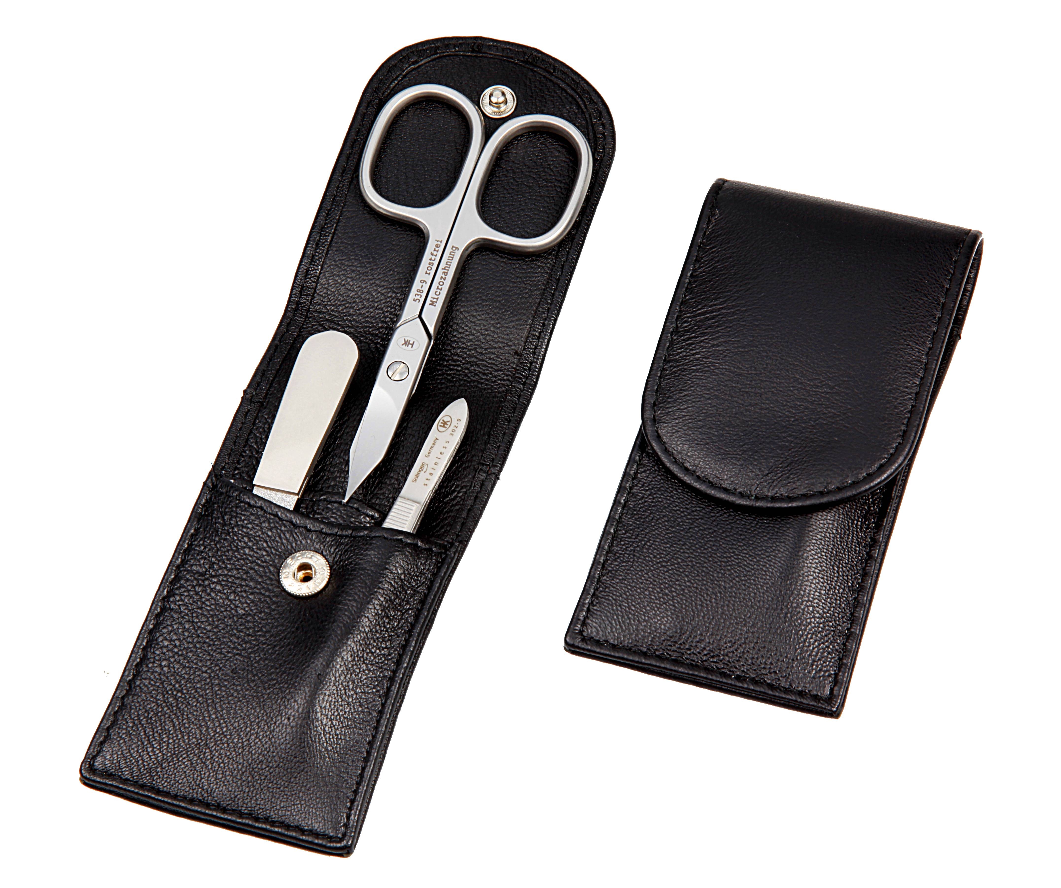 pocket sized manicure set: 3 implements, stainless steel, matte finish; nappa lamb leather, black