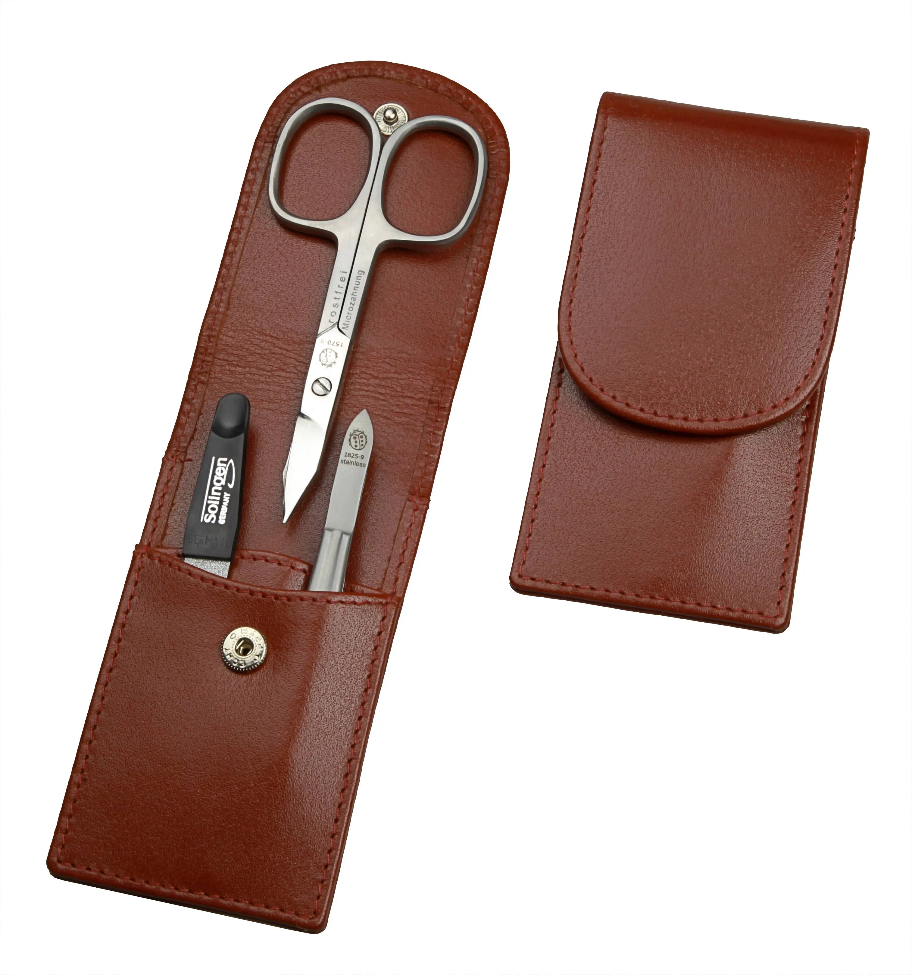 pocket sized manicure set: 3 implements, stainless, matt finish; buffalo leather, cognac brown pocket sized manicure set: 3 implements, stainless, matt finish; buffalo leather, cognac brown