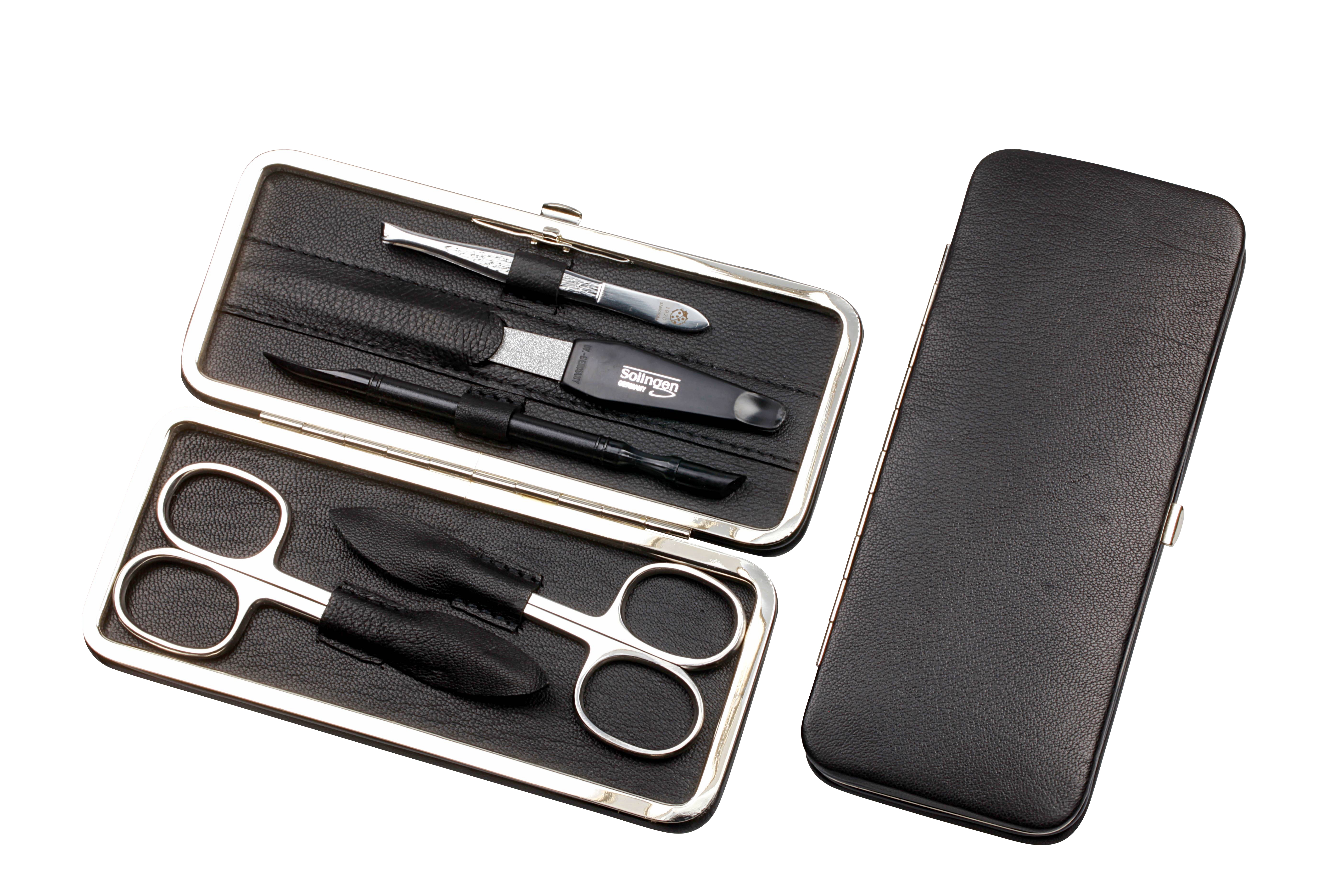 Manicure-Etui mit Metall-Rahmen: 5-tlg. Bestückung, rostfrei-glanzpoliert; Nappa-Lammleder, schwarz Manicure-Etui mit Metall-Rahmen: 5-tlg. Bestückung, rostfrei-glanzpoliert; Nappa-Lammleder, schwarz