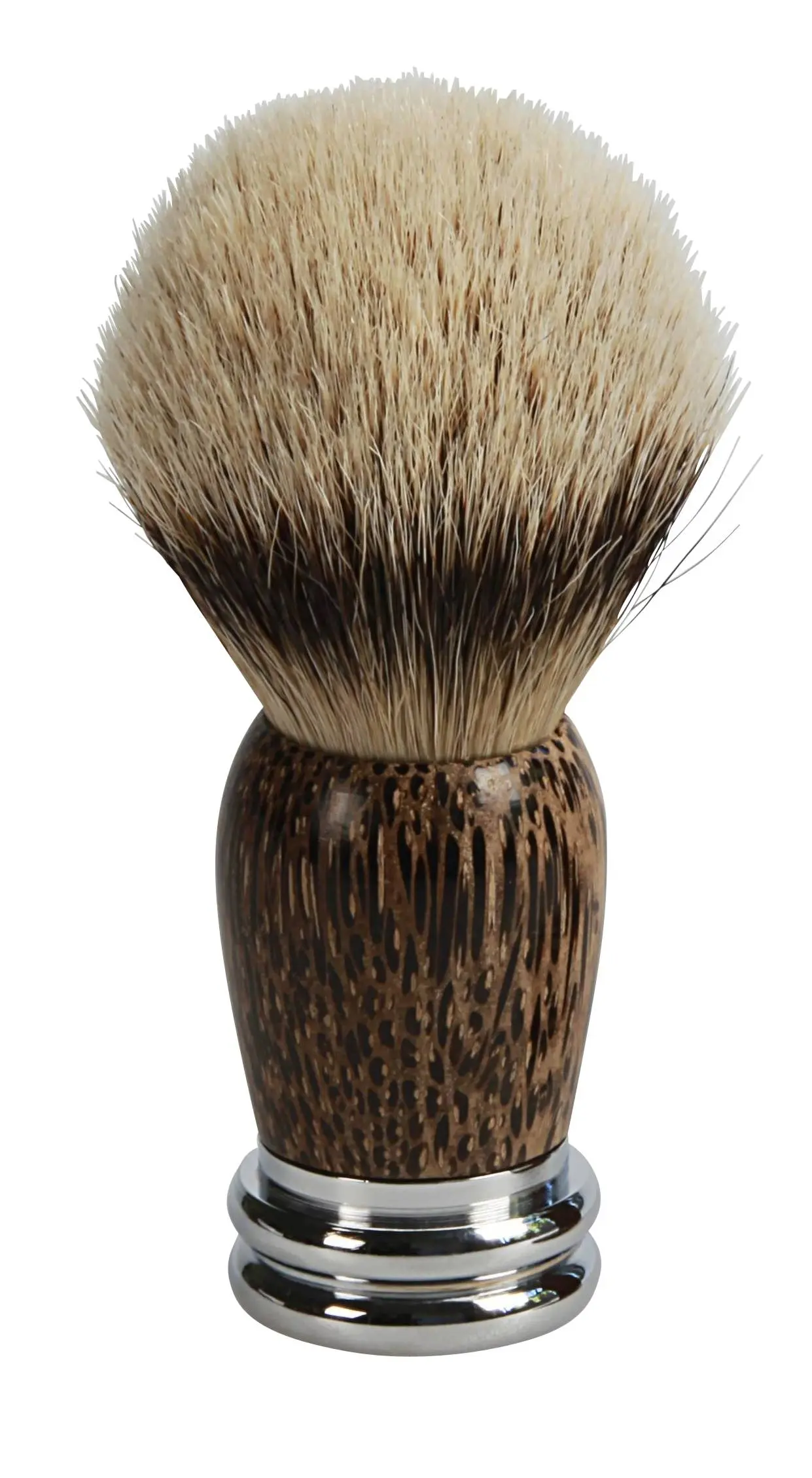 Shaving brush, genuine badger "silver tip", spherical, palm wood handle with metal base, mirror-polished Shaving brush, genuine badger "silver tip", spherical, palm wood handle with metal base, mirror-polished