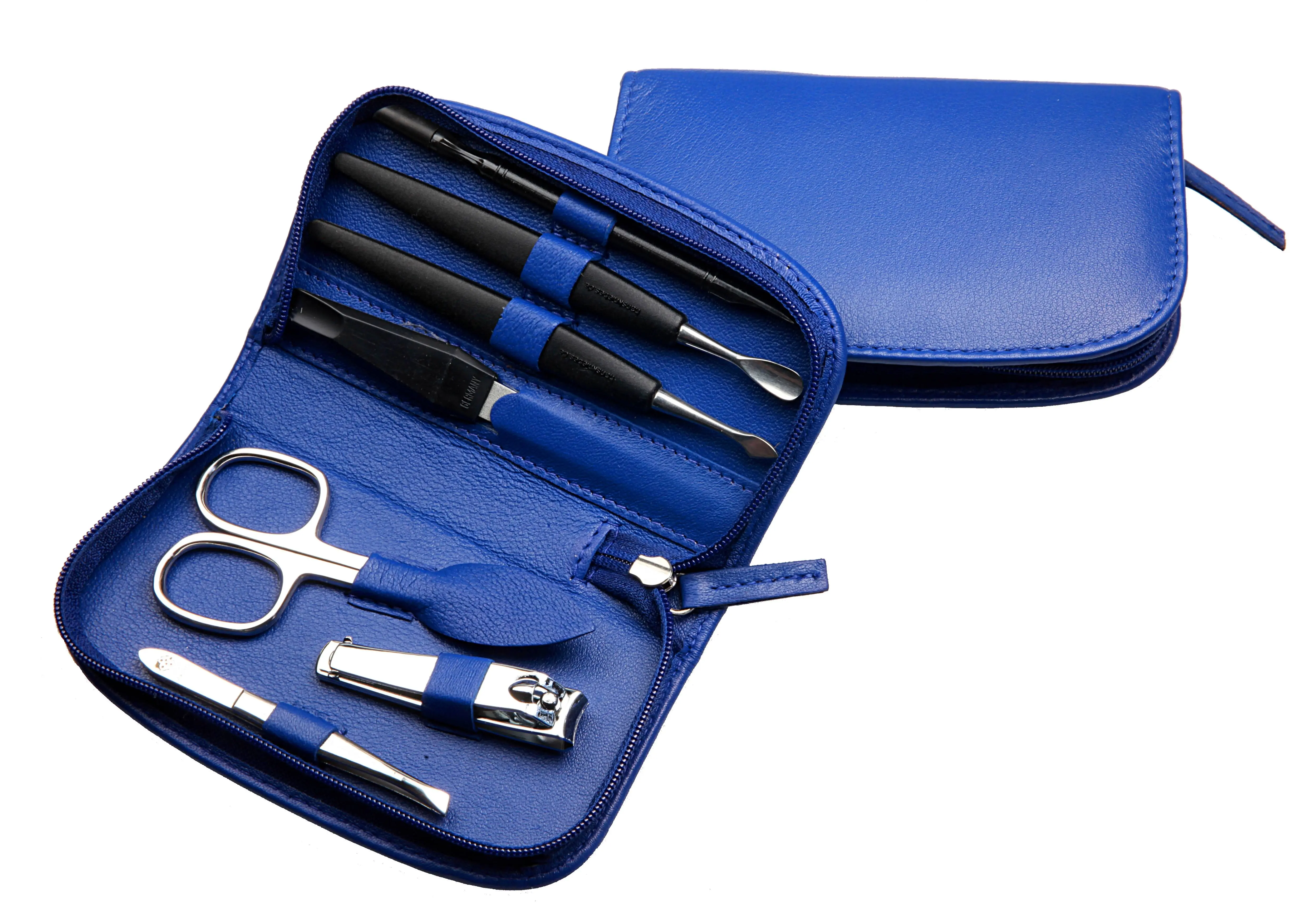 zippered manicure set: 7 implements, stainless steel, mirror polished; nappa lambskin, cobalt blue zippered manicure set: 7 implements, stainless steel, mirror polished; nappa lambskin, cobalt blue