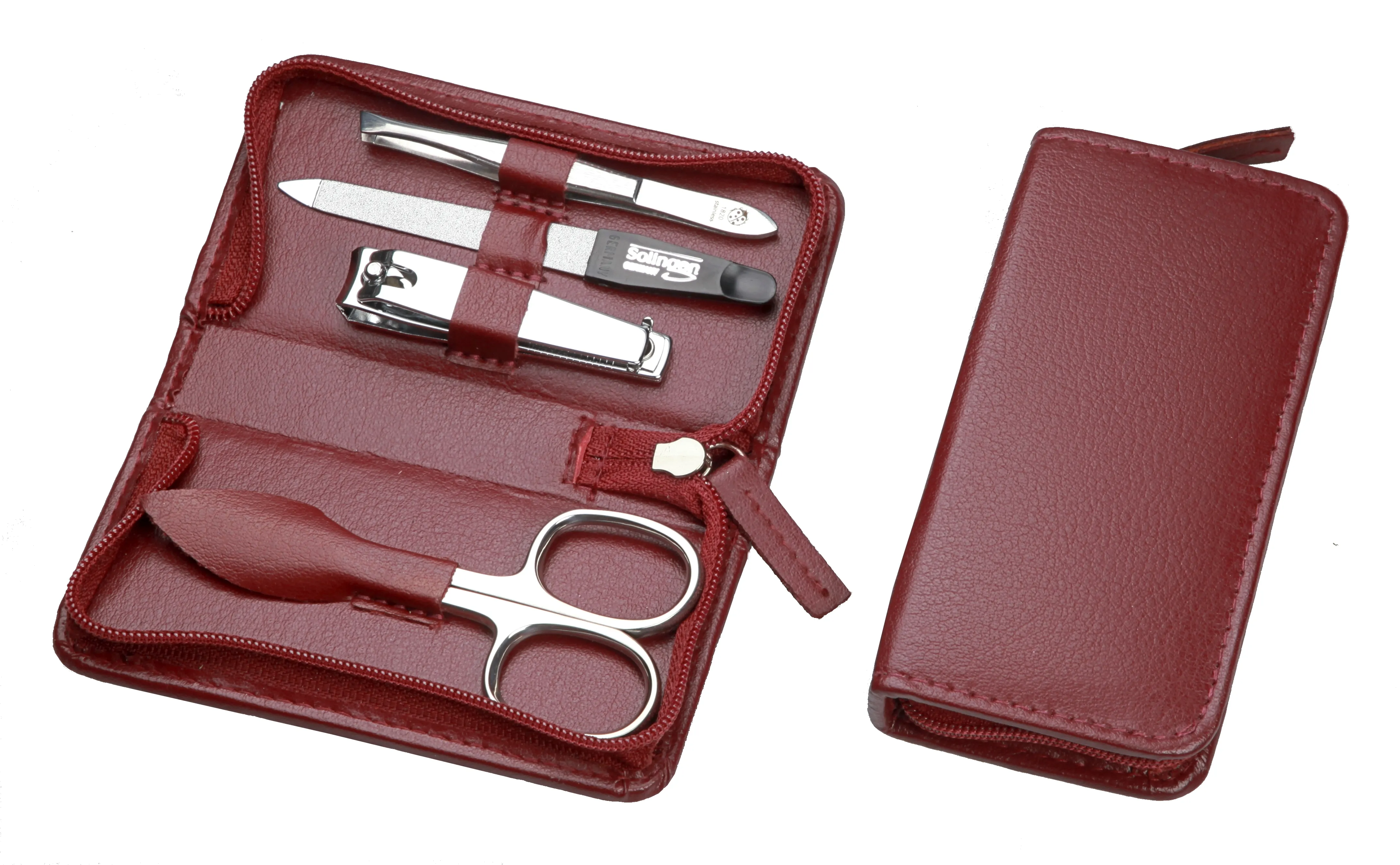 manicure set with zipper: 4 implements, stainless steel, mirror-polished; vegan cactus faux leather, burgundy manicure set with zipper: 4 implements, stainless steel, mirror-polished; vegan cactus faux leather, burgundy