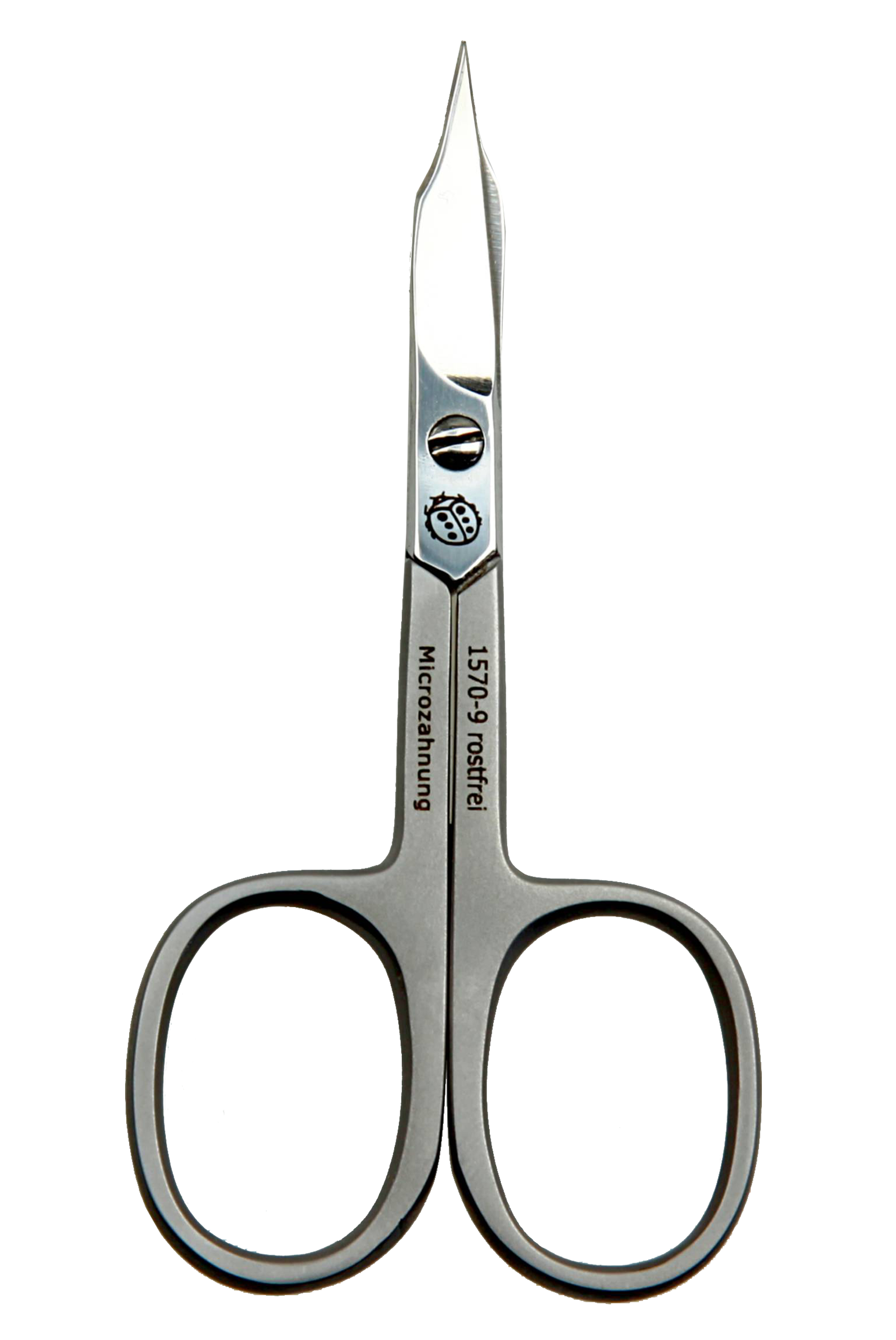 nail scissors, 90 mm, arrow pointed, curved, micro-serrated, stainless steel, matte finish