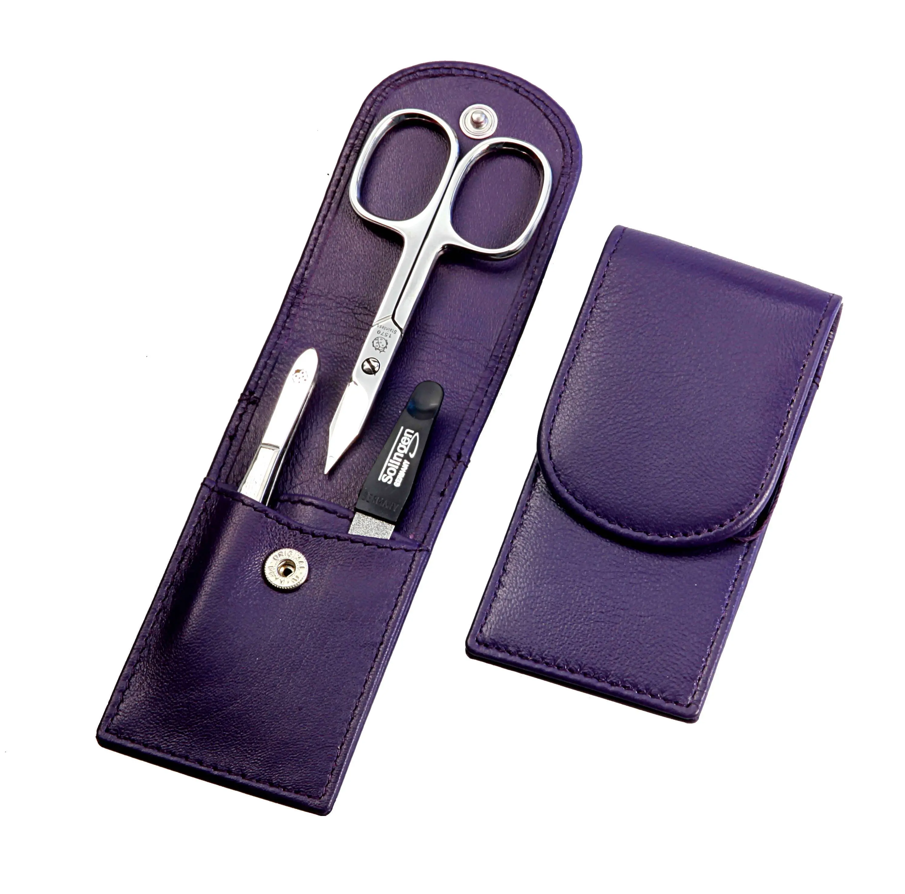pocket sized manicure set: 3 implements, stainless steel, mirror-polished; nappa lambskin, lilac pocket sized manicure set: 3 implements, stainless steel, mirror-polished; nappa lambskin, lilac