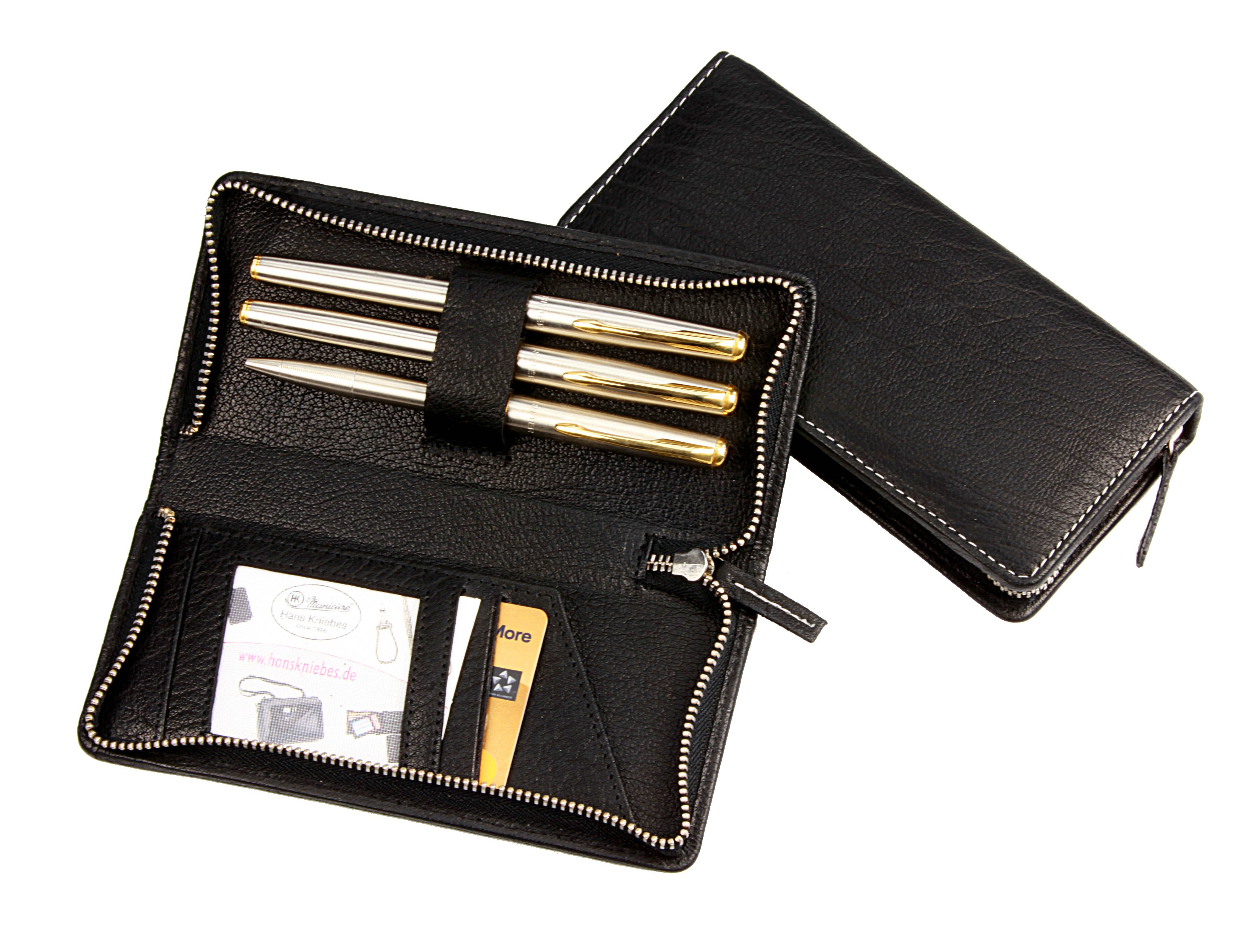 Stift-Etui mit Metall-Reißverschluss, für drei Schreibgeräte, schwarz mit Kontrastnaht Stift-Etui mit Metall-Reißverschluss, für drei Schreibgeräte, schwarz mit Kontrastnaht