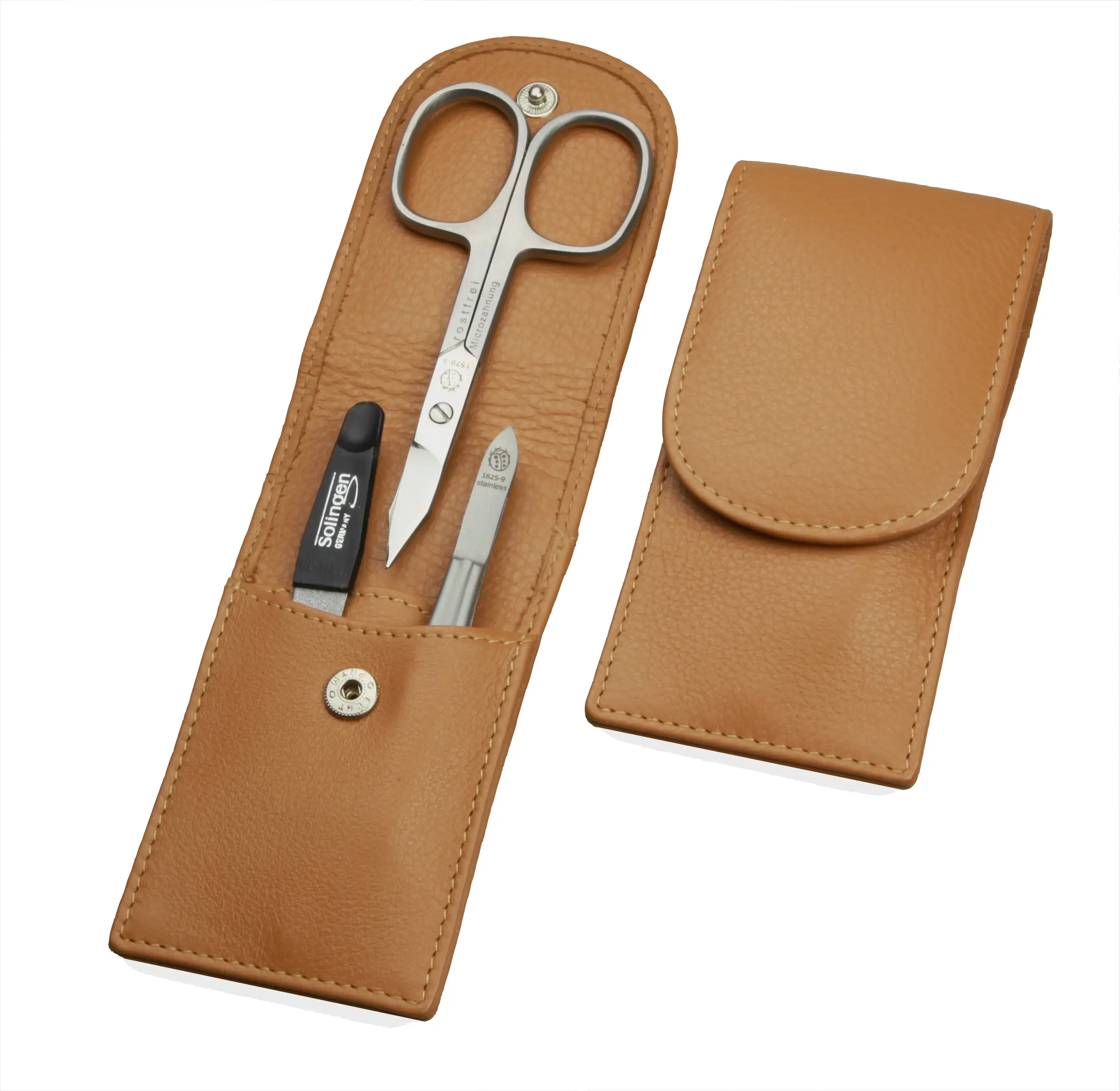 pocket sized manicure set: 3 implements, stainless, matt finish; fullgrain cowhide, sand pocket sized manicure set: 3 implements, stainless, matt finish; fullgrain cowhide, sand