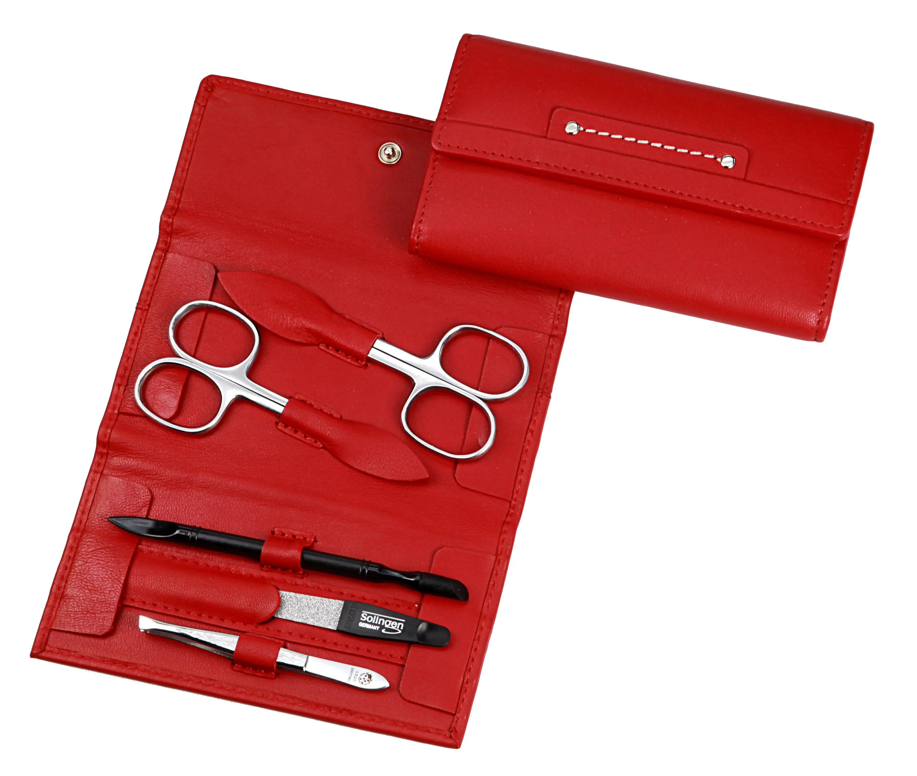 manicure set: 5 implements, stainless steel, mirror-polished; nappa lambskin, red