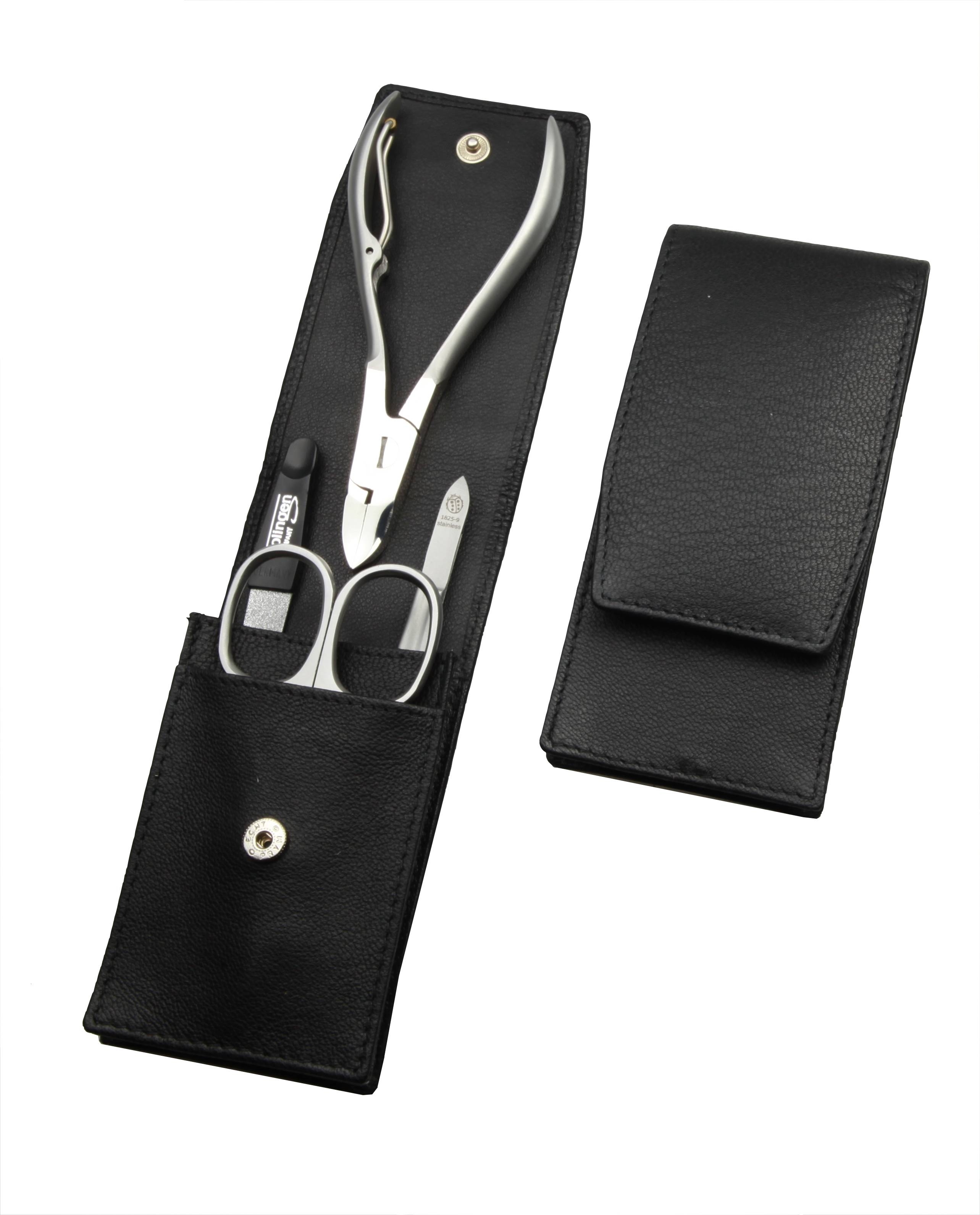 compact manicure set: 4 implements, stainless, matte finish; sheep nappa leather, black