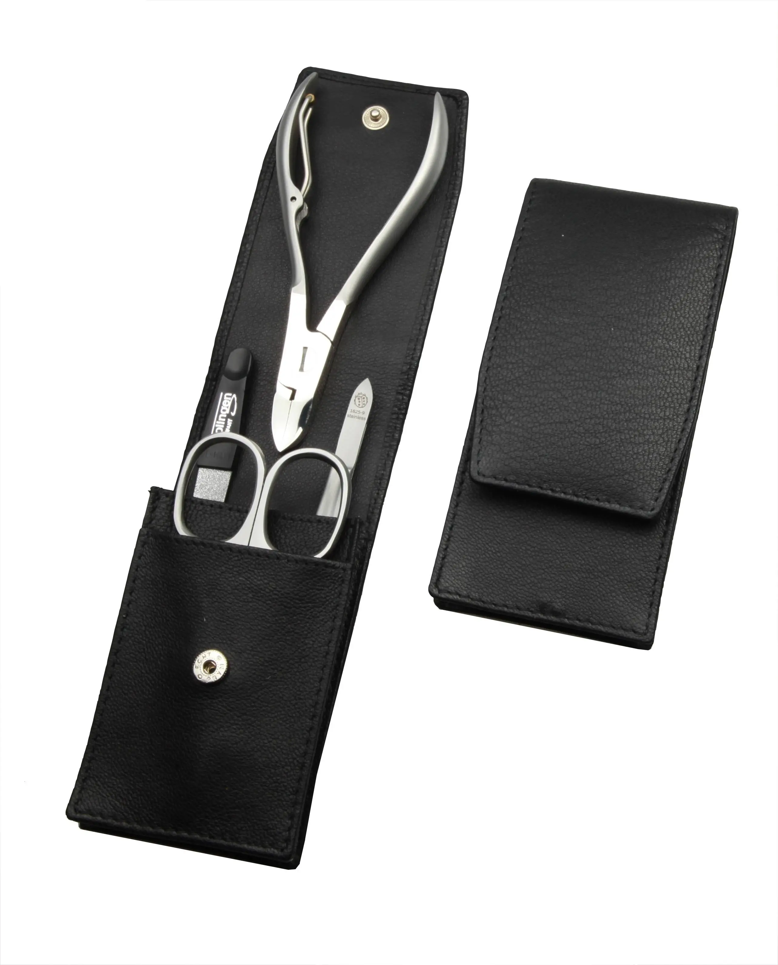 compact manicure set: 4 implements, stainless, matte finish; sheep nappa leather, black compact manicure set: 4 implements, stainless, matte finish; sheep nappa leather, black