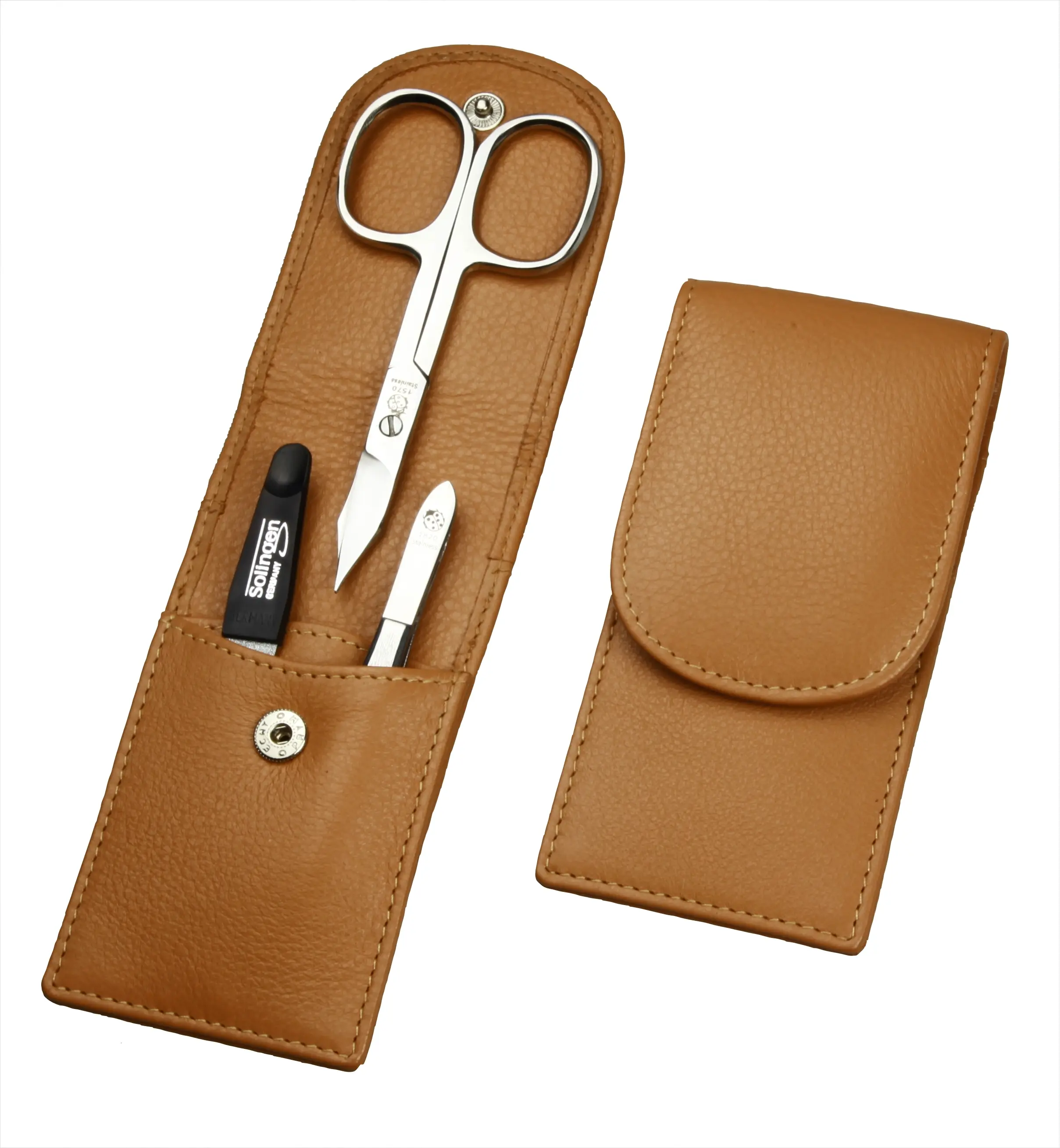pocket sized manicure set: 3 implements, stainless steel, mirror-polished; fullgrain cowhide, sand pocket sized manicure set: 3 implements, stainless steel, mirror-polished; fullgrain cowhide, sand