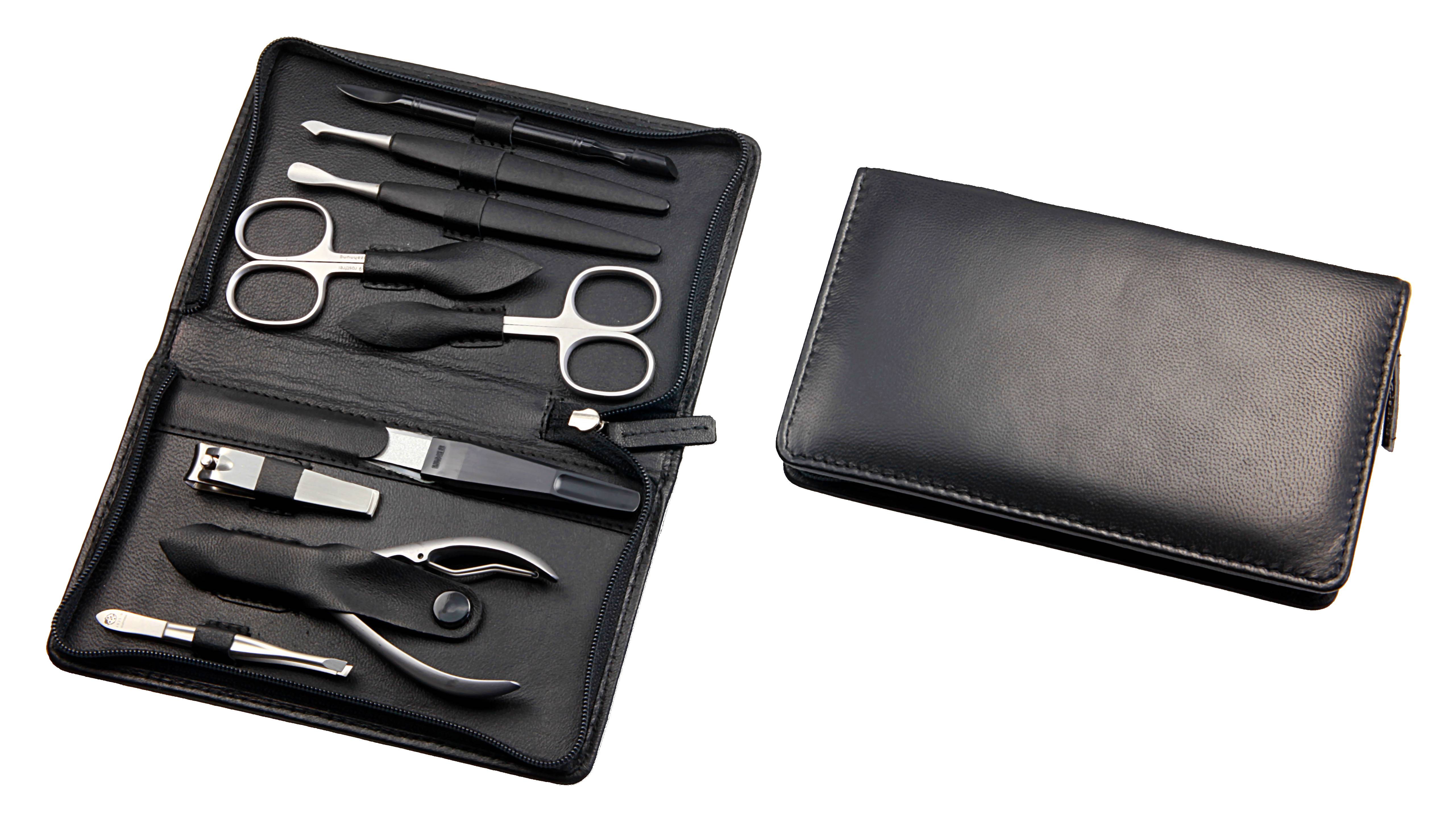 Manicure-Etui, Reißverschluss: 9-tlg. Bestückung, rostfrei-edelmattiert; Nappa-Lammleder, schwarz