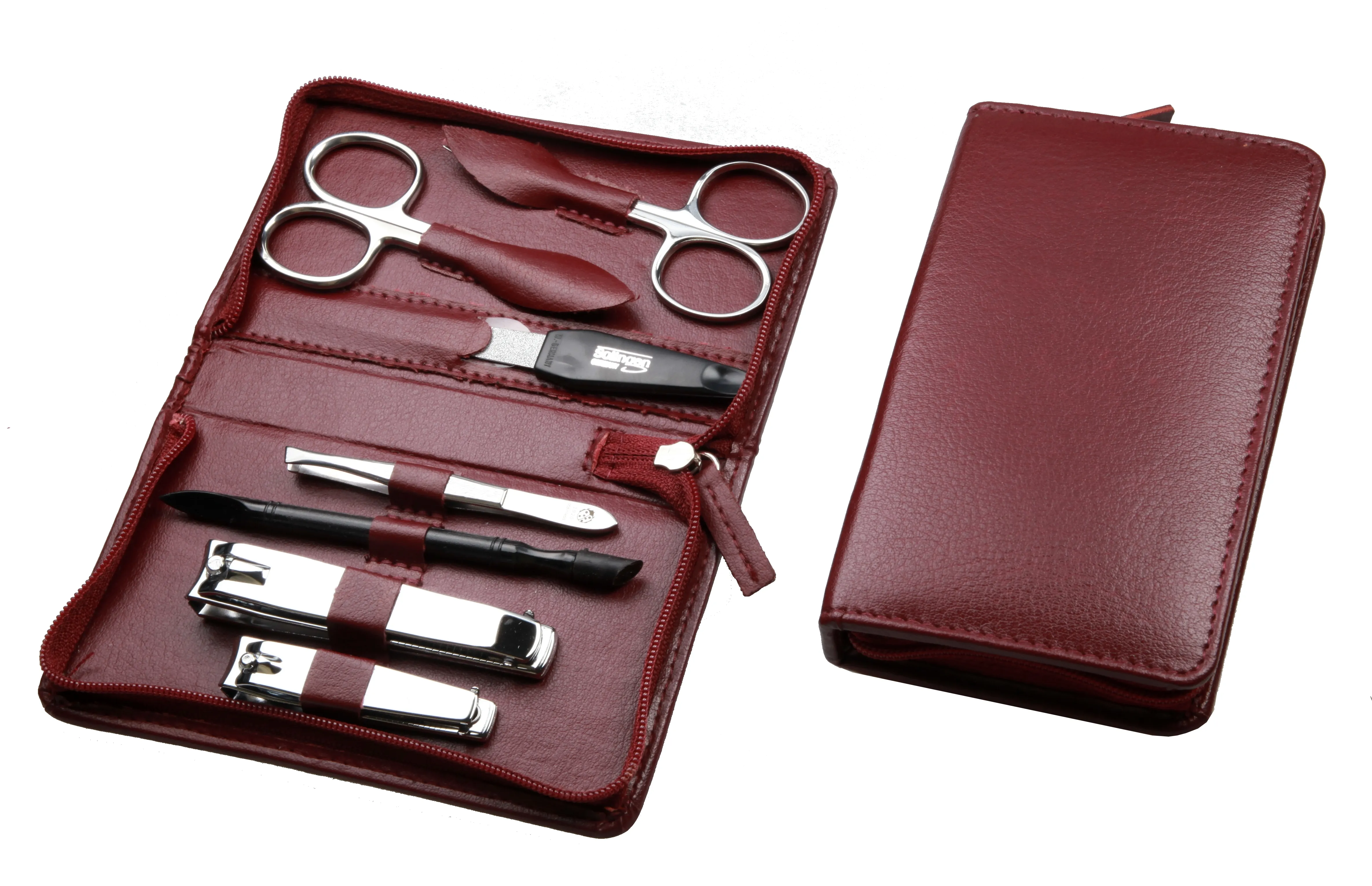 zippered manicure set: 7 implements, stainless steel, mirror-polished; vegan cactus faux leather, burgundy zippered manicure set: 7 implements, stainless steel, mirror-polished; vegan cactus faux leather, burgundy