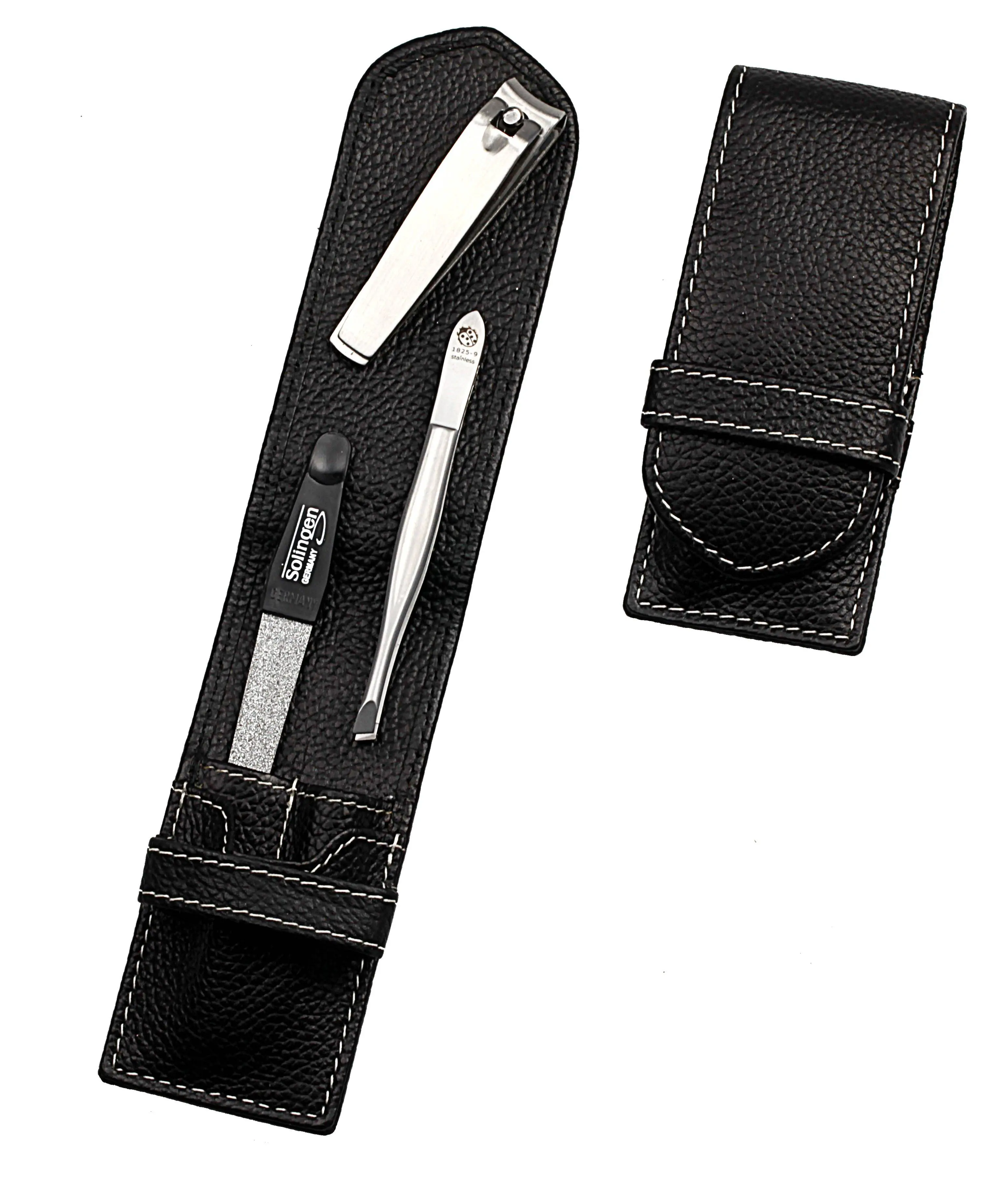 pocket sized manicure set: 3 implements, stainless steel, matt finish; genuine cowhide, black with light contrast stitching pocket sized manicure set: 3 implements, stainless steel, matt finish; genuine cowhide, black with light contrast stitching
